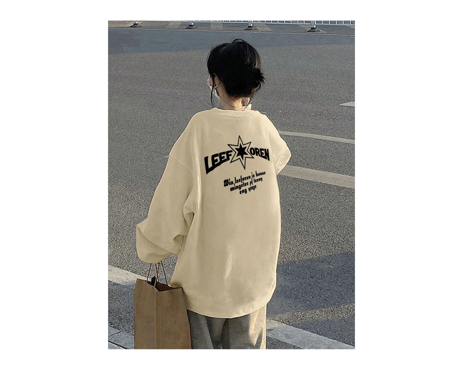 Harfli Grafik Düşük Omuz Oversize Sweat Bej