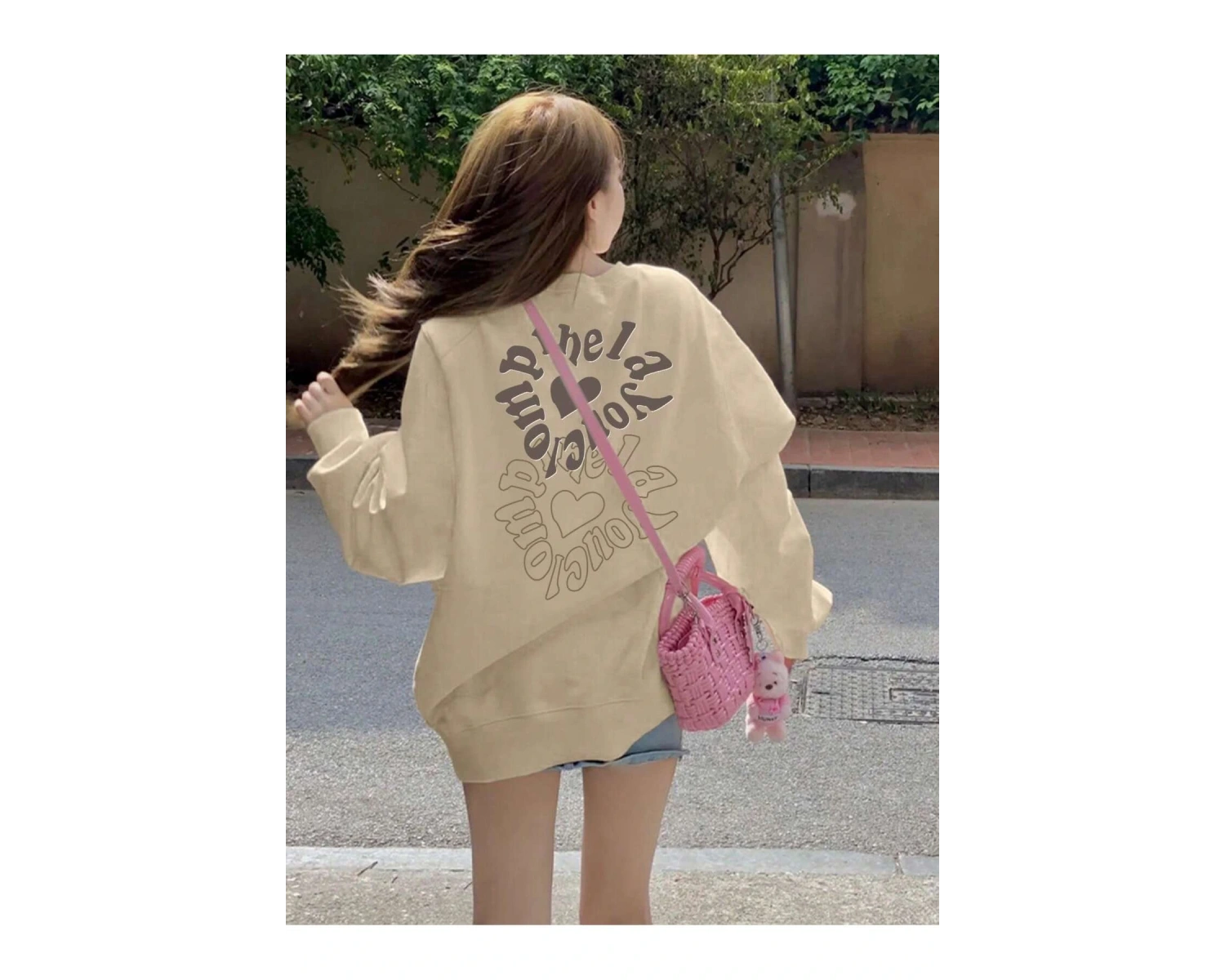 Harfli Grafik Düşük Omuz Oversize Sweat Bej