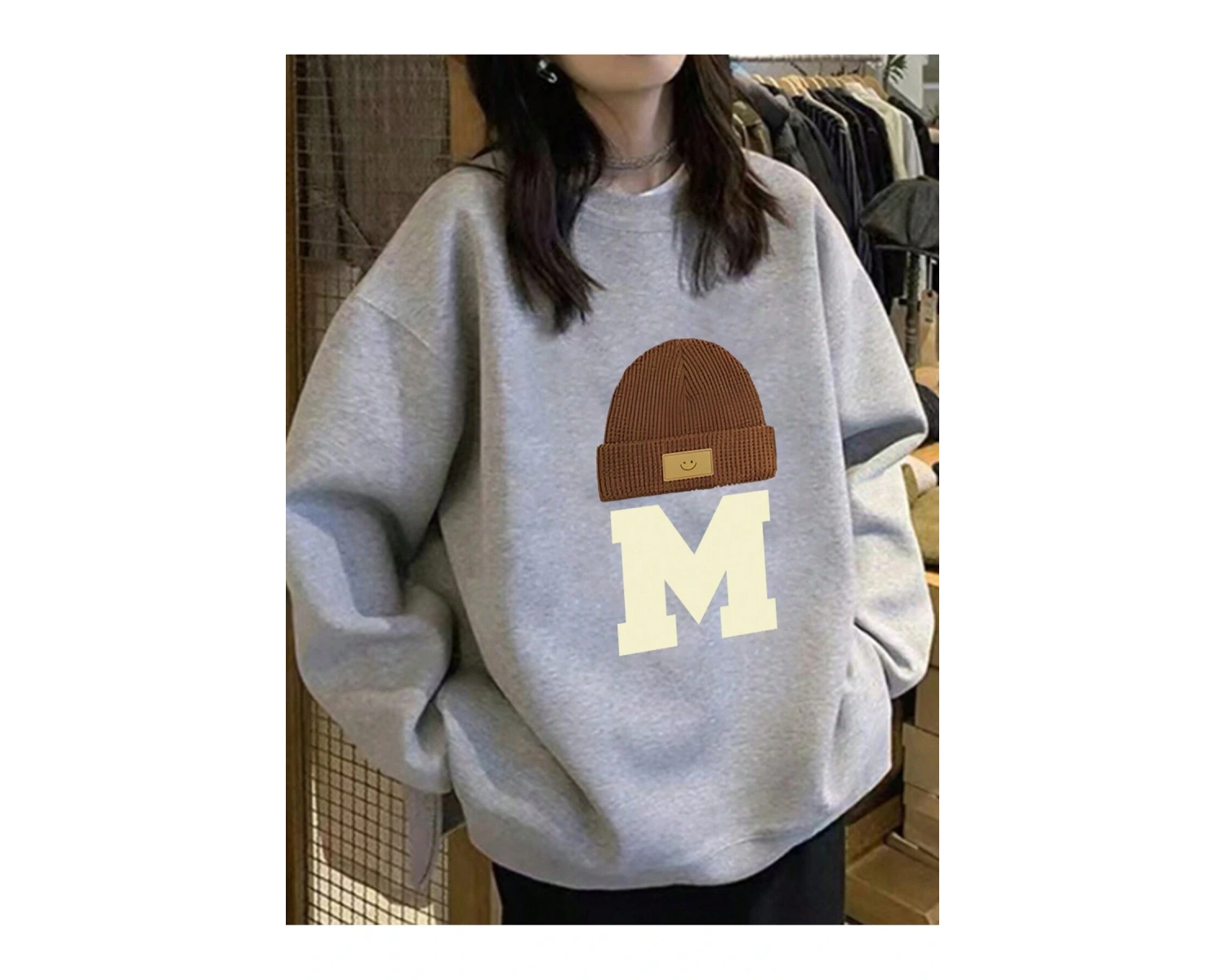 Harfli Grafik Düşük Omuz Oversize Sweat Gri