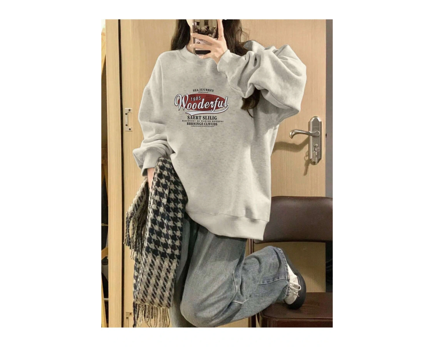 Harfli Grafik Düşük Omuz Oversize Sweat Gri