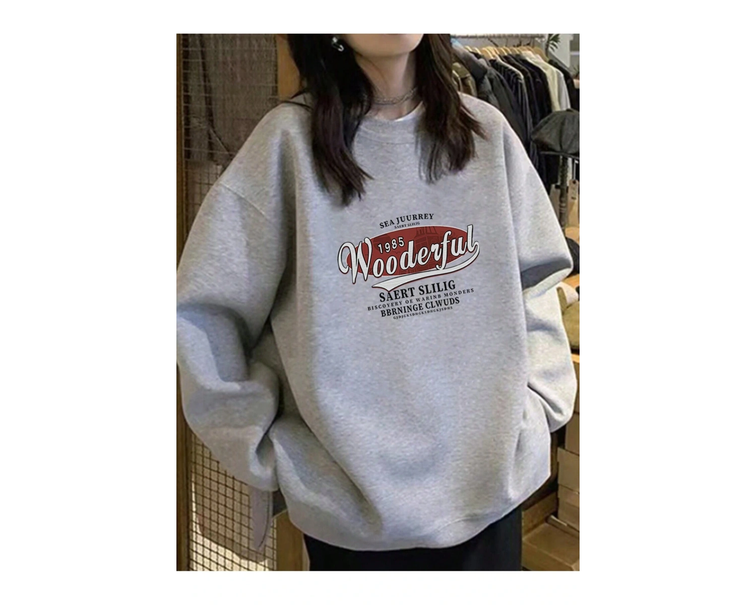 Harfli Grafik Düşük Omuz Oversize Sweat Gri