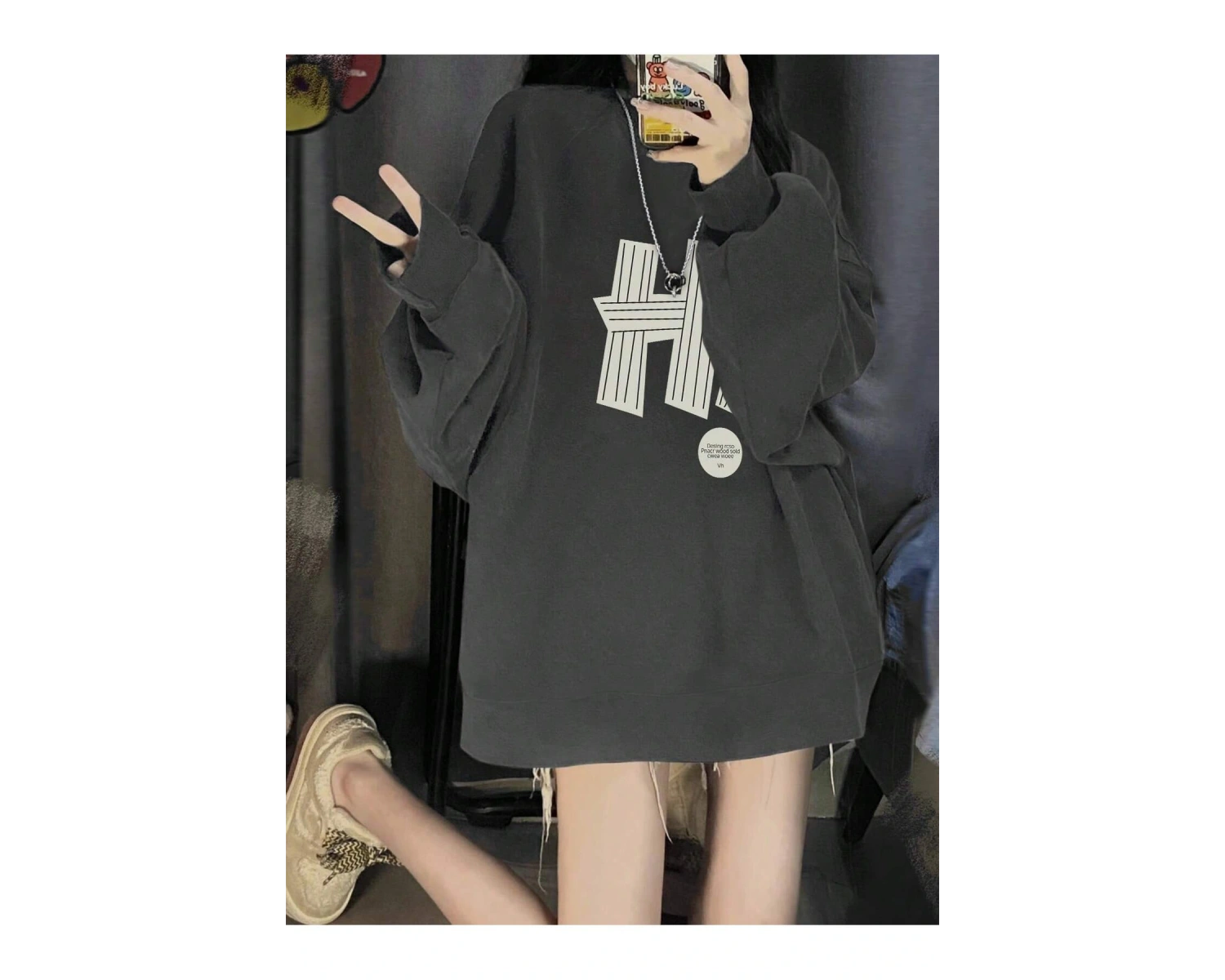 Harfli Grafik Düşük Omuz Oversize Sweat Gri