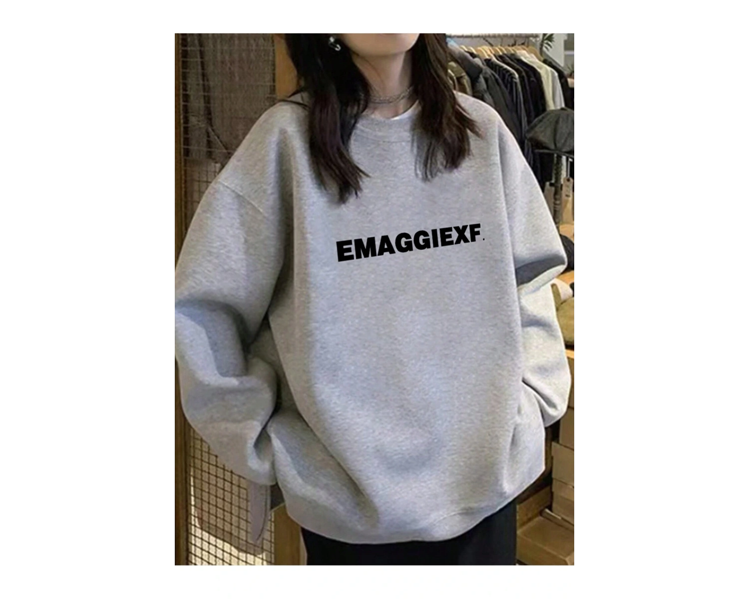 Harfli Grafik Düşük Omuz Oversize Sweat Gri