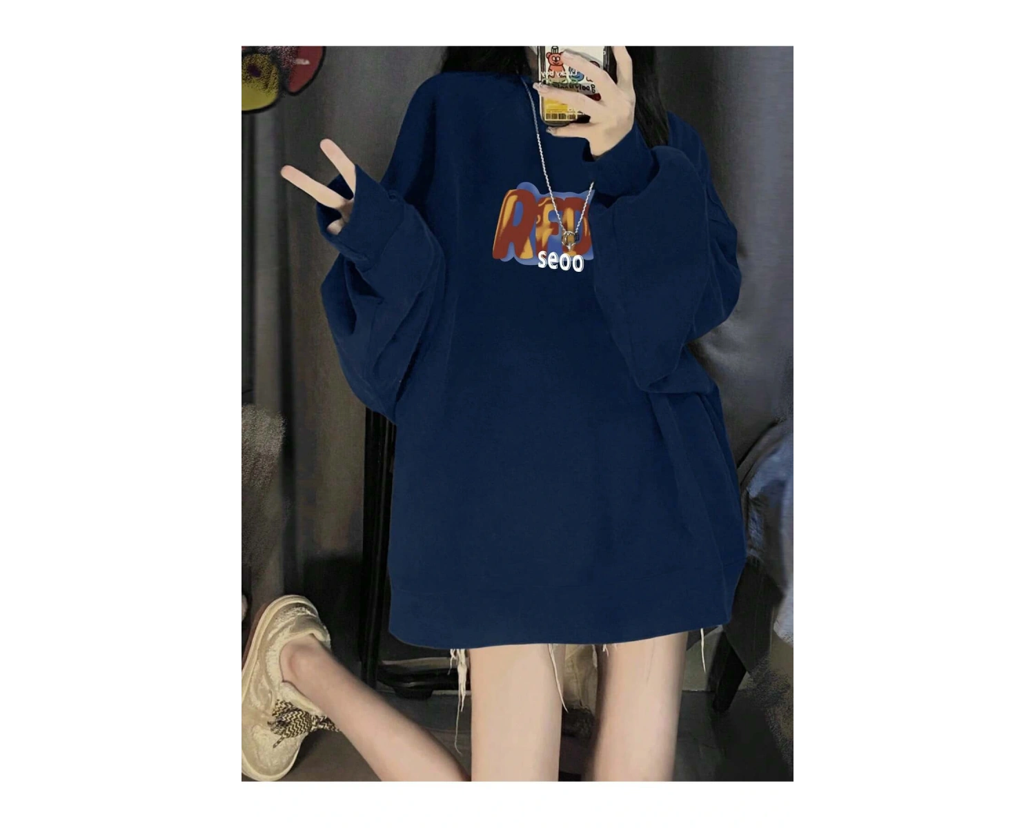 Harfli Grafik Düşük Omuz Oversize Sweat Lacivert