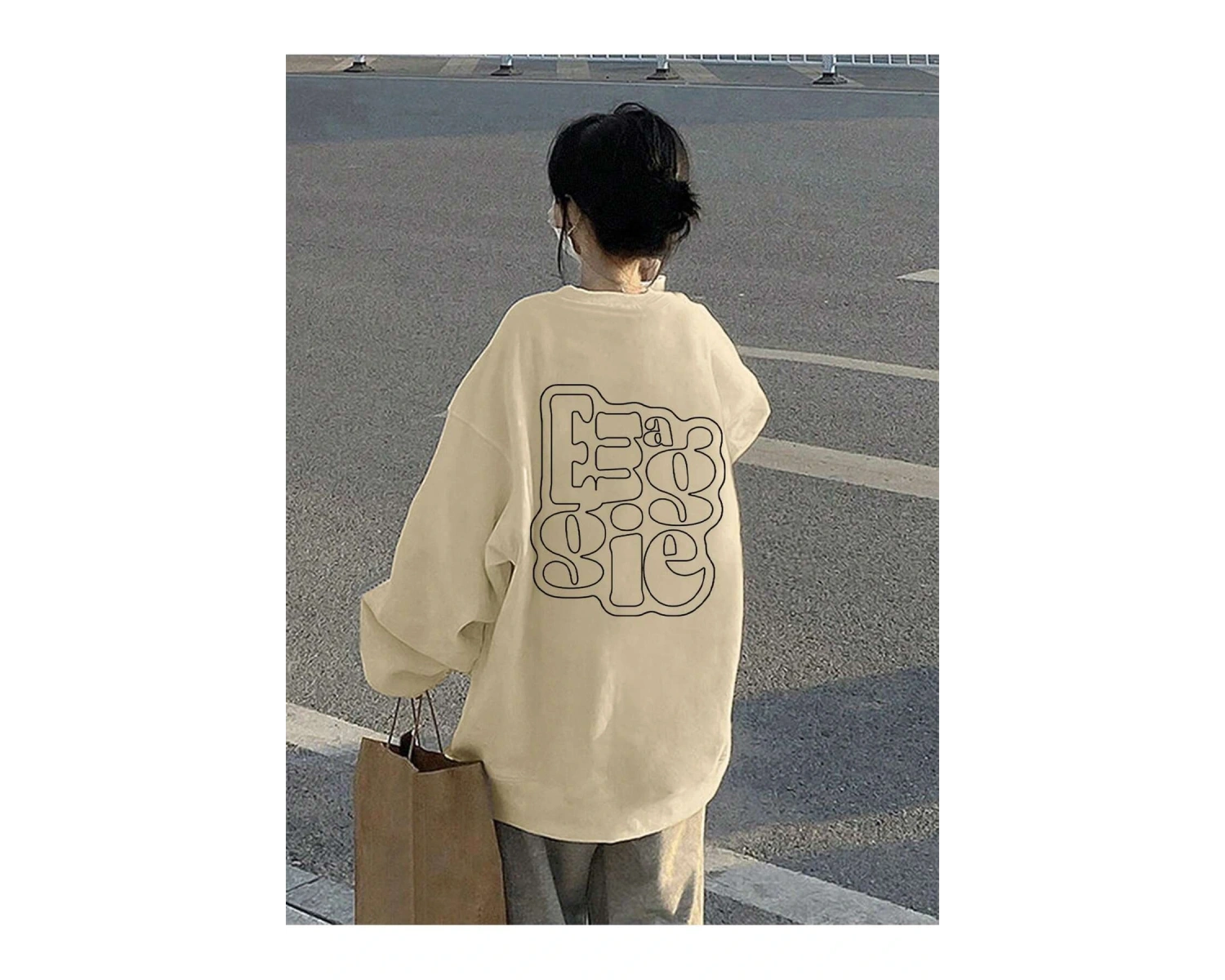 Harfli Grafik Düşük Sweat Bej