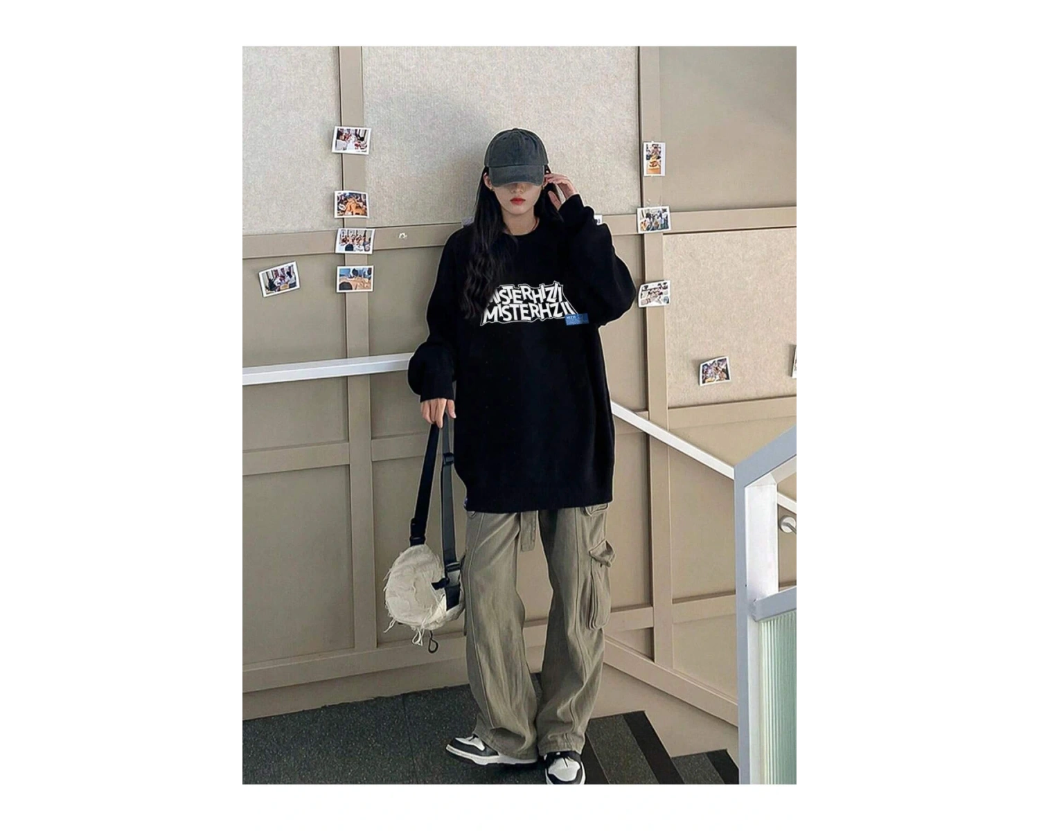 Harfli Grafik Düşük Sweat Siyah