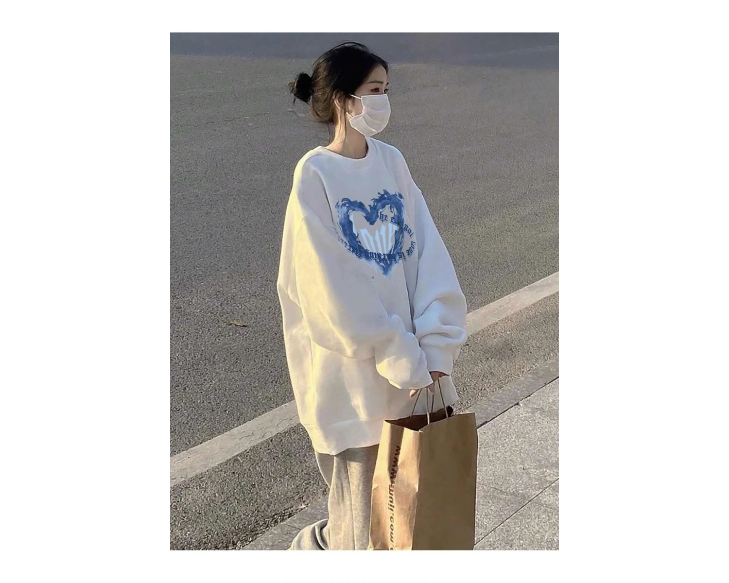 Heart Pattern Drop Shoulder Pullover Beyaz