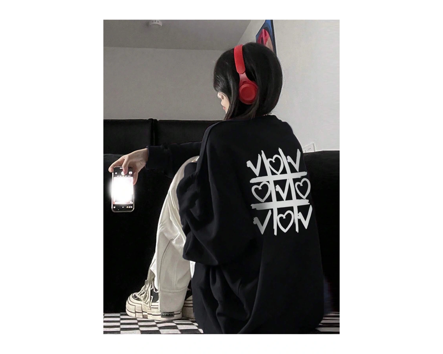 Heart Pattern Drop Shoulder Pullover Siyah