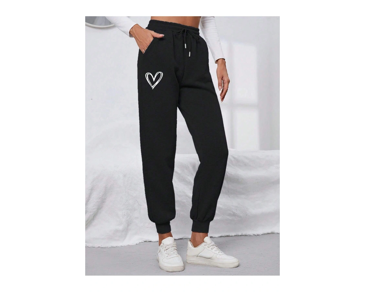 Heart Print Drawstring Waist 4 Mevsim Eşofman