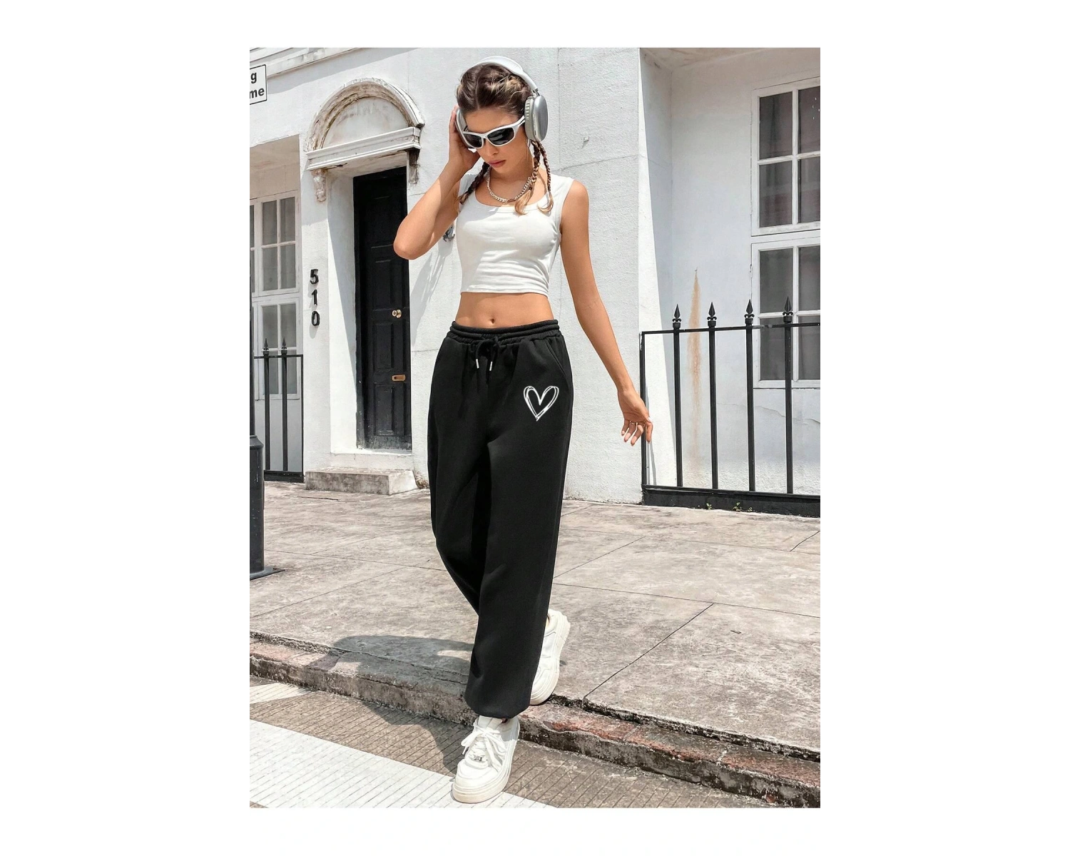 Heart Print Drawstring Waist 4 Mevsim Eşofman