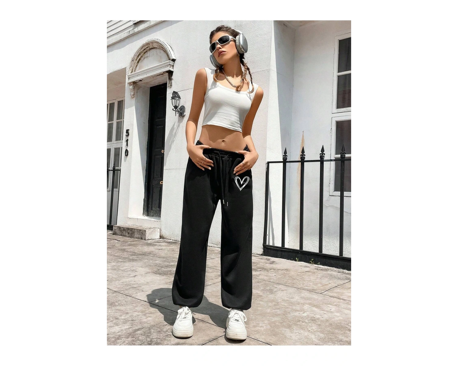 Heart Print Drawstring Waist 4 Mevsim Eşofman