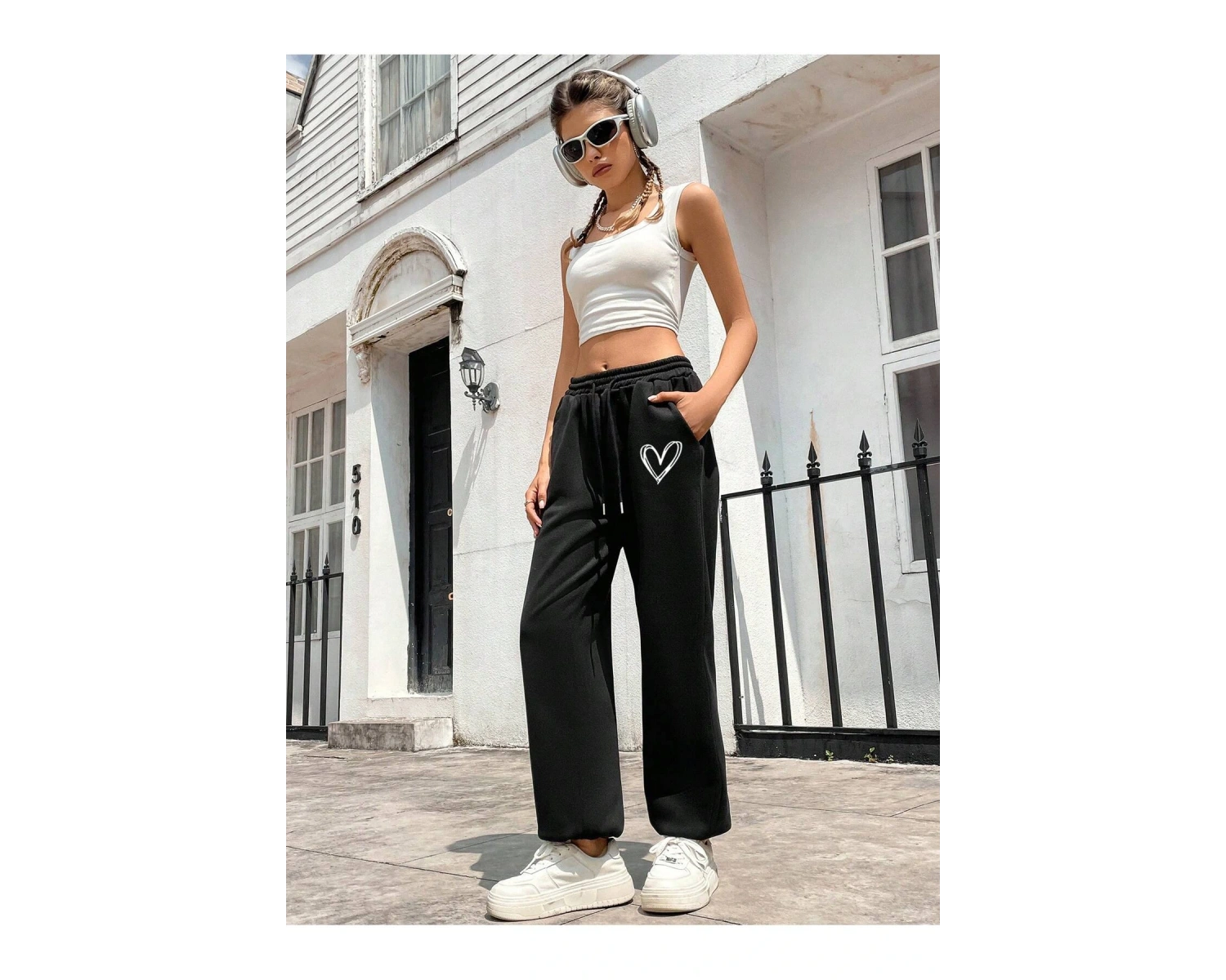 Heart Print Drawstring Waist 4 Mevsim Eşofman