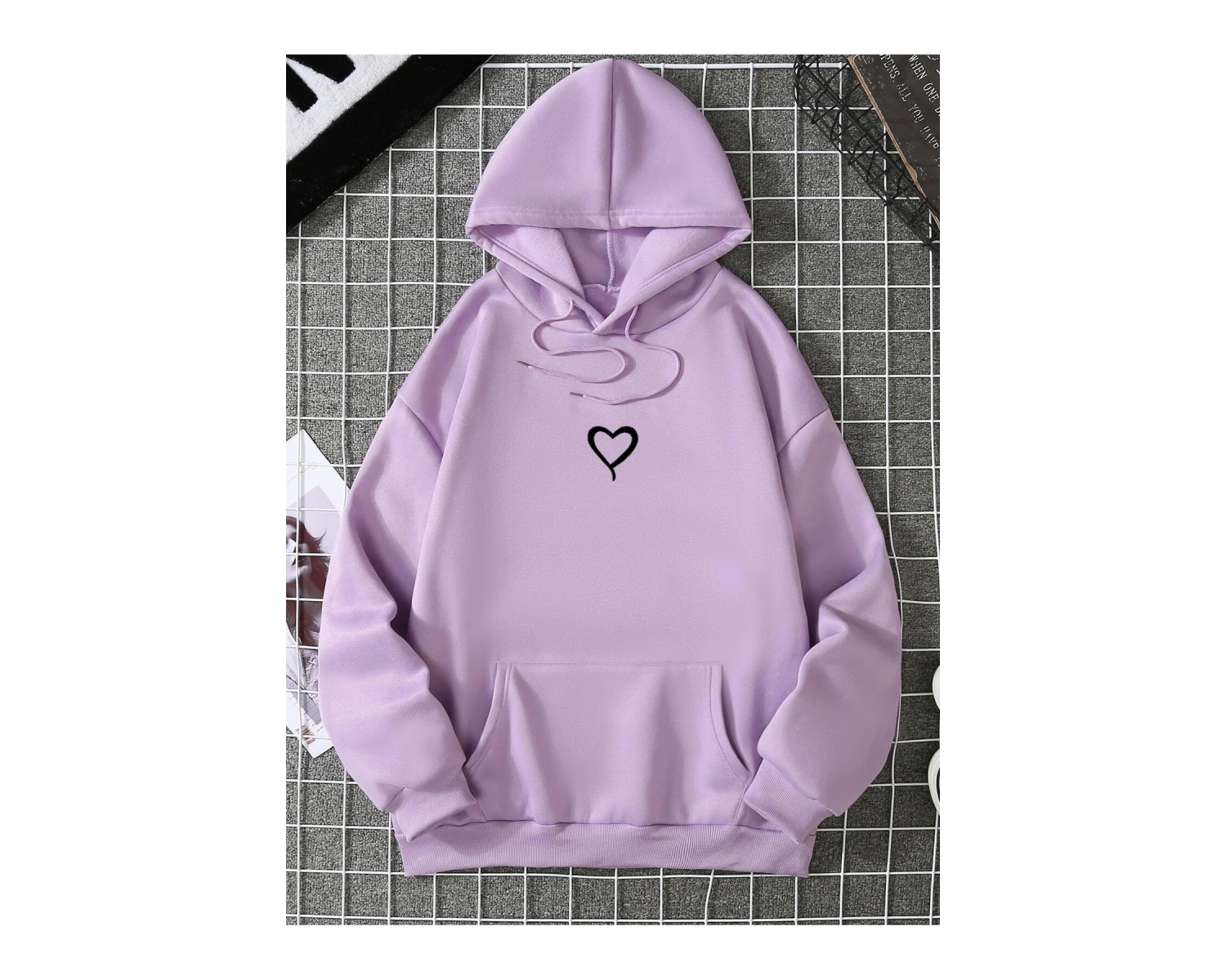 Heart Print Kangaroo Pocket Drawstring Lined Hoodie Mor
