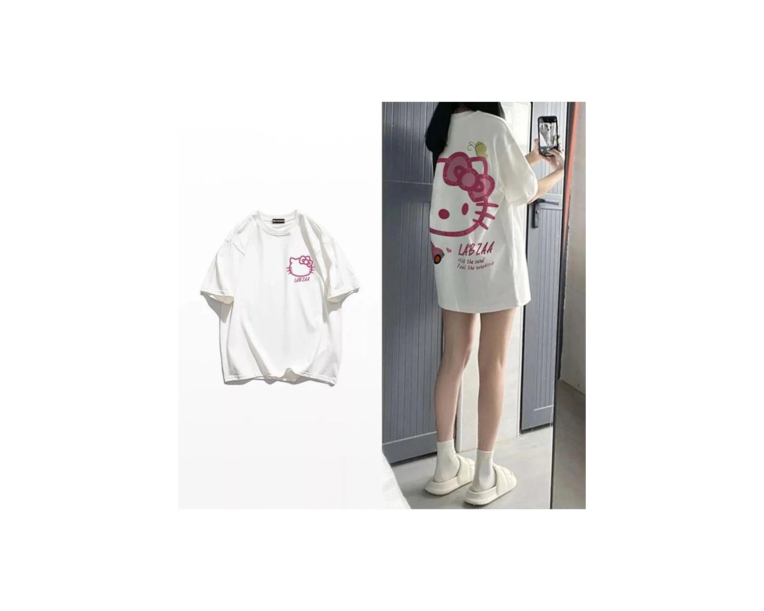 Hello Kitty Silüet Beyaz Ön ve Arka Baskı Kısa Kollu