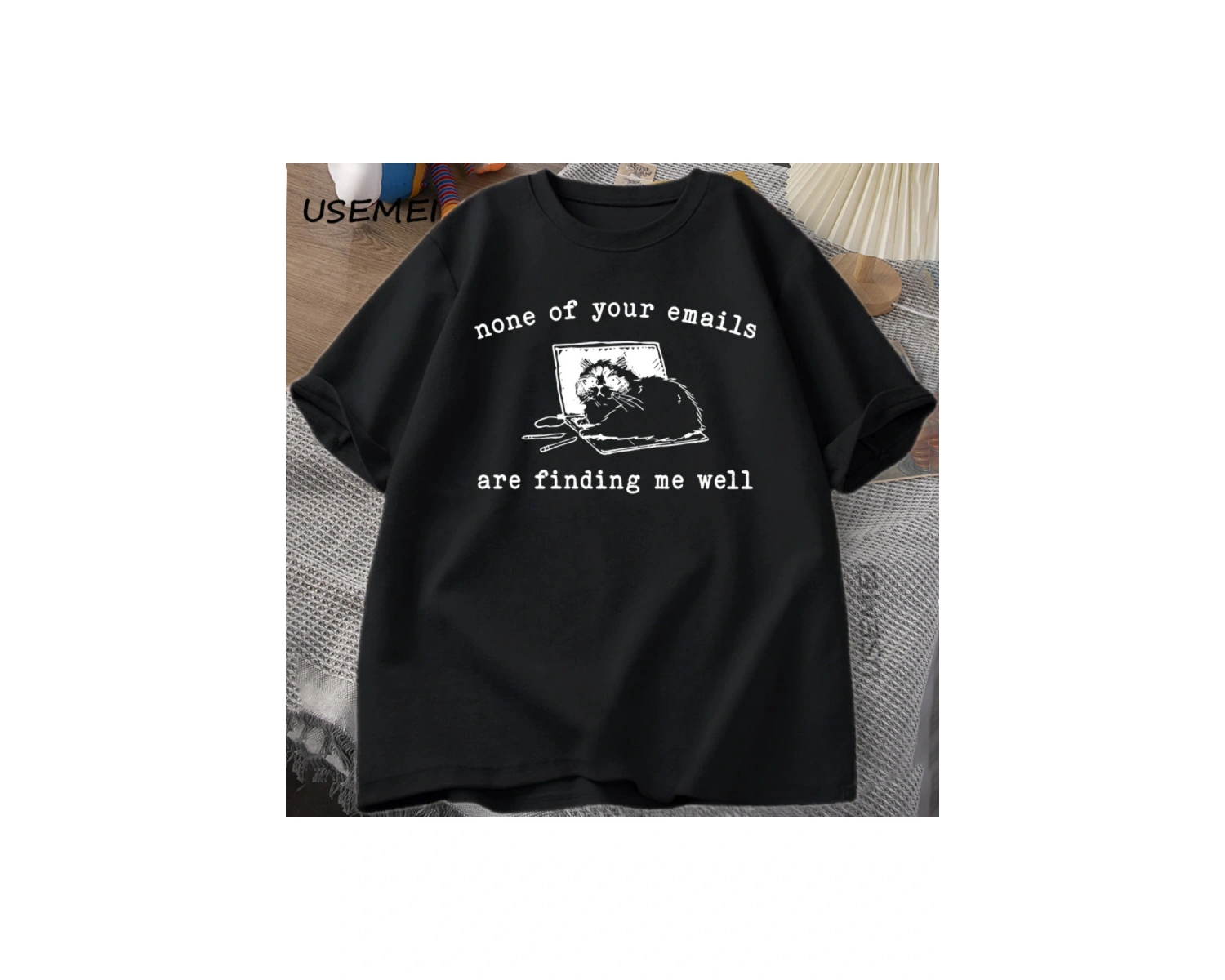 Hiçbiri E-postalar Beni İyi Buluyor T-Shirt Komik Kedi Ofis Çalışma Tişörtleri Pamuk Kısa Kol 2880