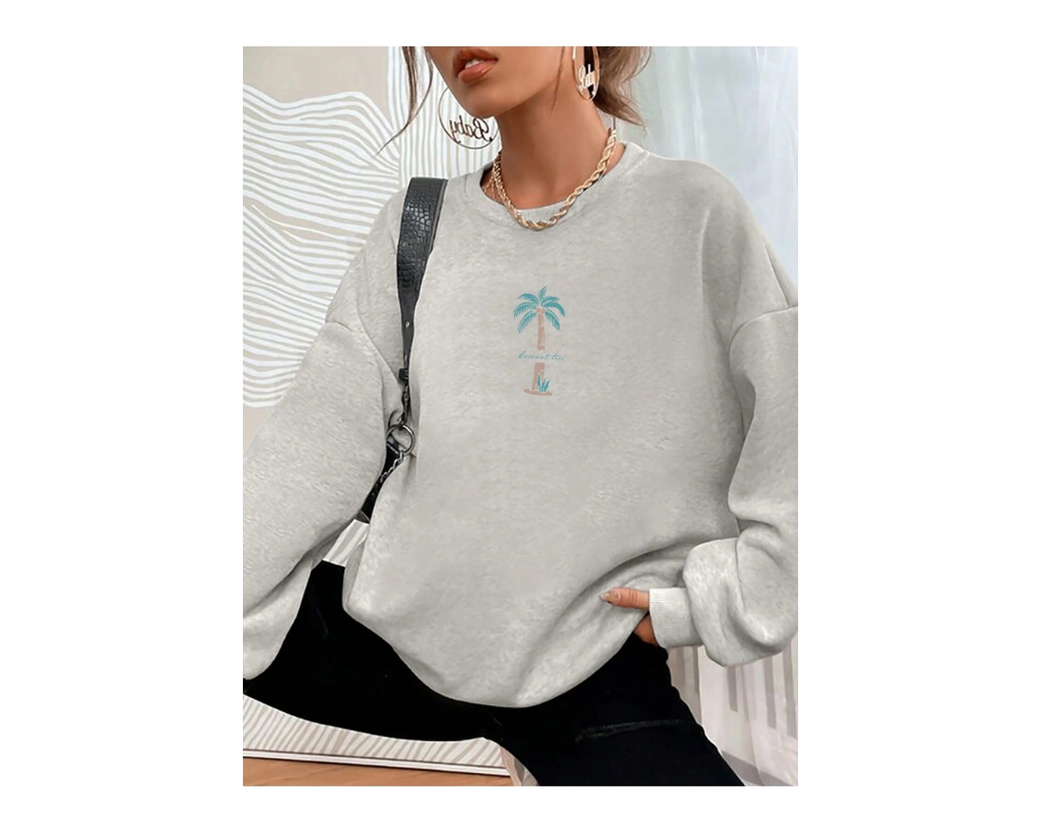 Hindistan Cevizi Ağacı Desenli Sweat Beyaz