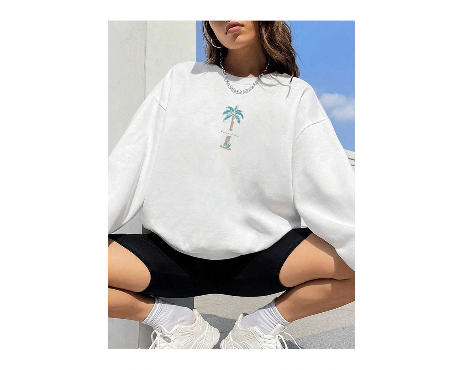 Hindistan Cevizi Ağacı Desenli Sweat Beyaz