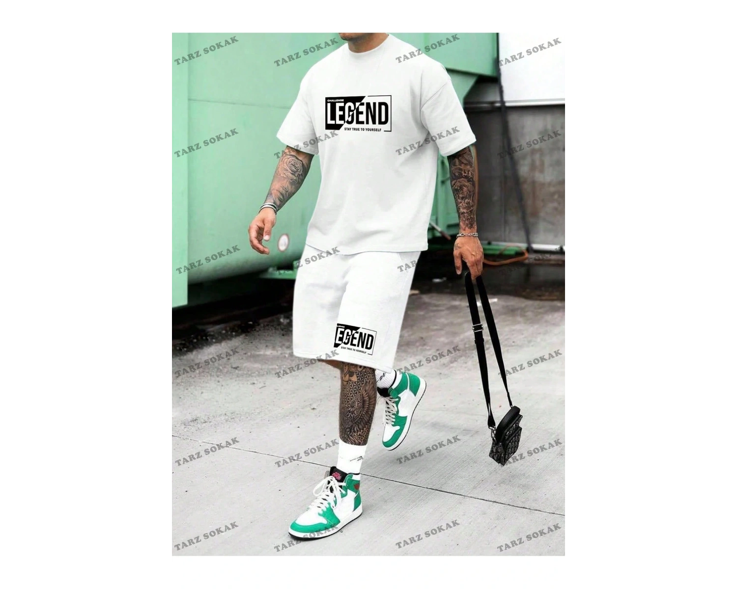 Homme Beyaz Örgü Erkek Kısa Kollu Tişört ve Şort Takım