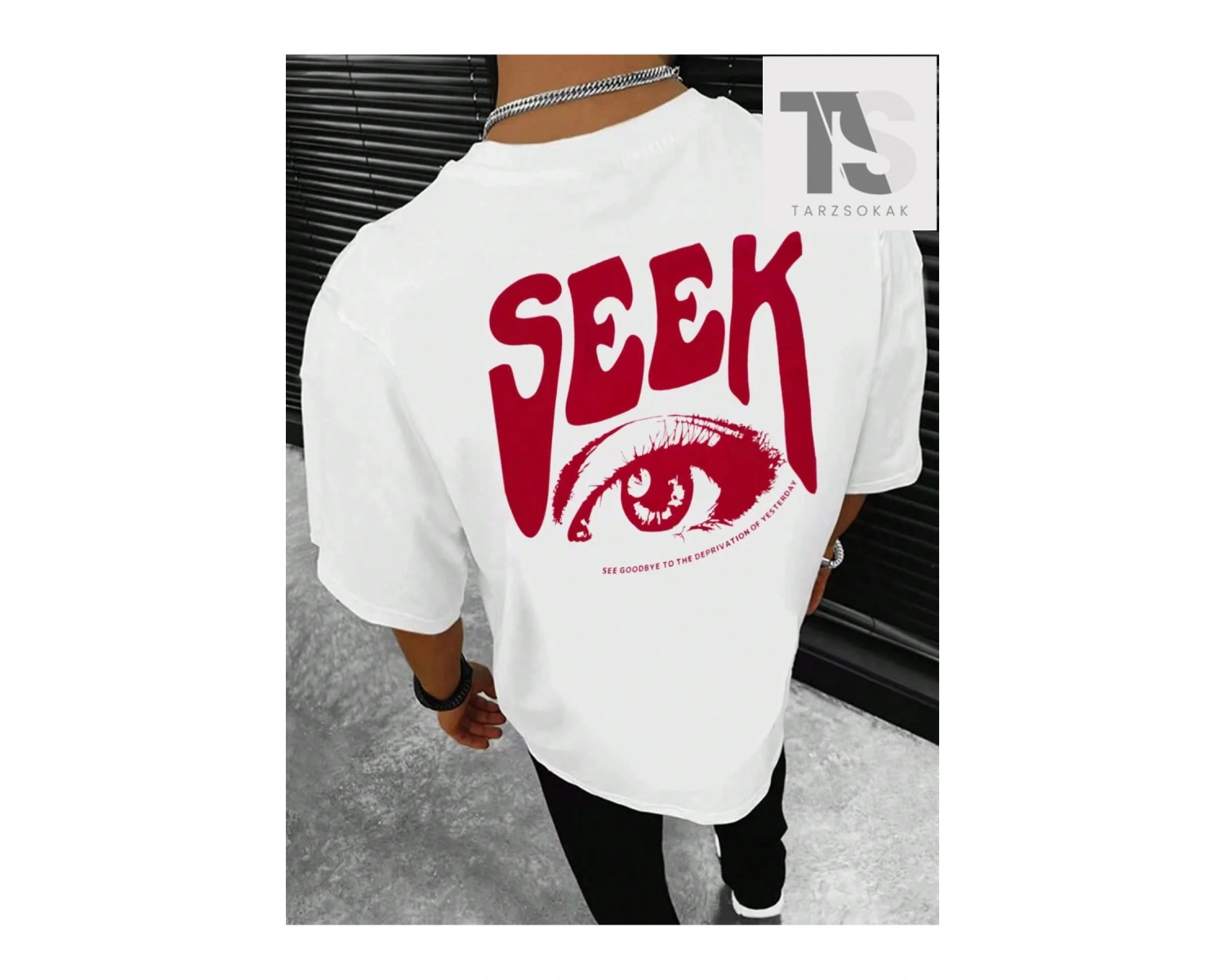 Homme Erkek Göz ve Slogan Grafikli Düşük Omuz Tişörtü