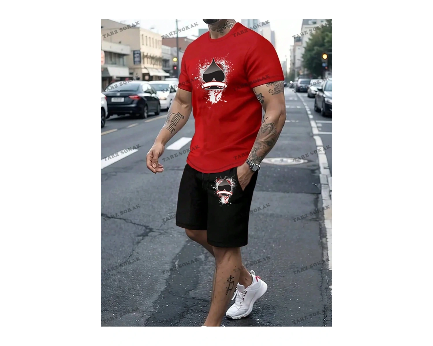 Homme Erkek Örümcek Baskılı T-Shirt Ve Şort Takım