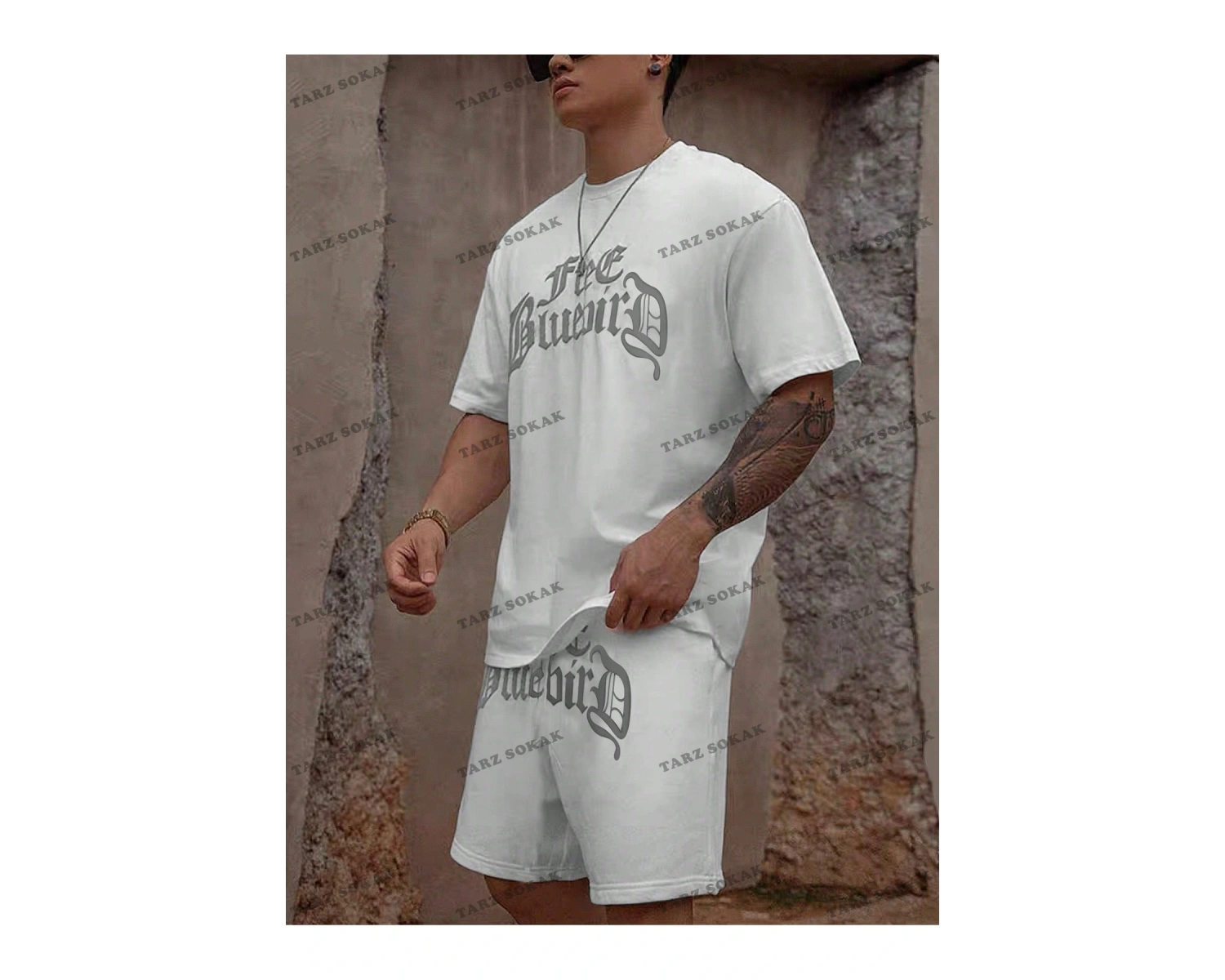 Homme Erkek Yazılı Baskılı Kısa Kollu Tişört ve Şort 2 adet/takım