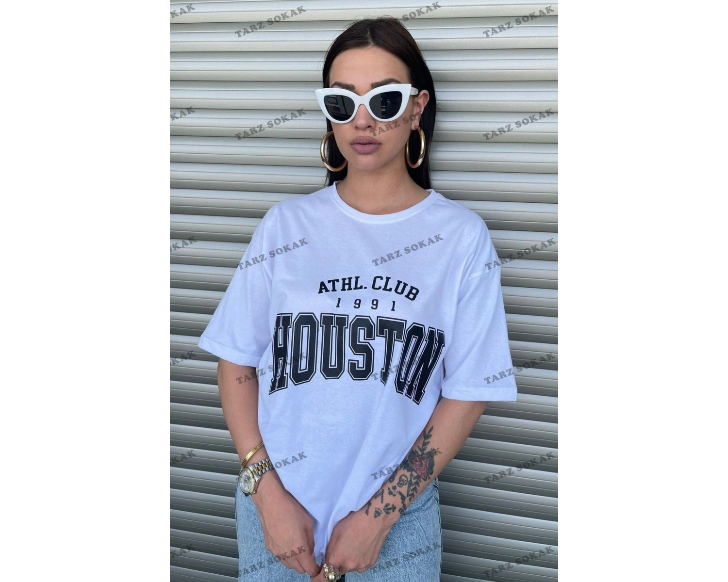 Houston Baskılı Kadın Oversize Beyaz