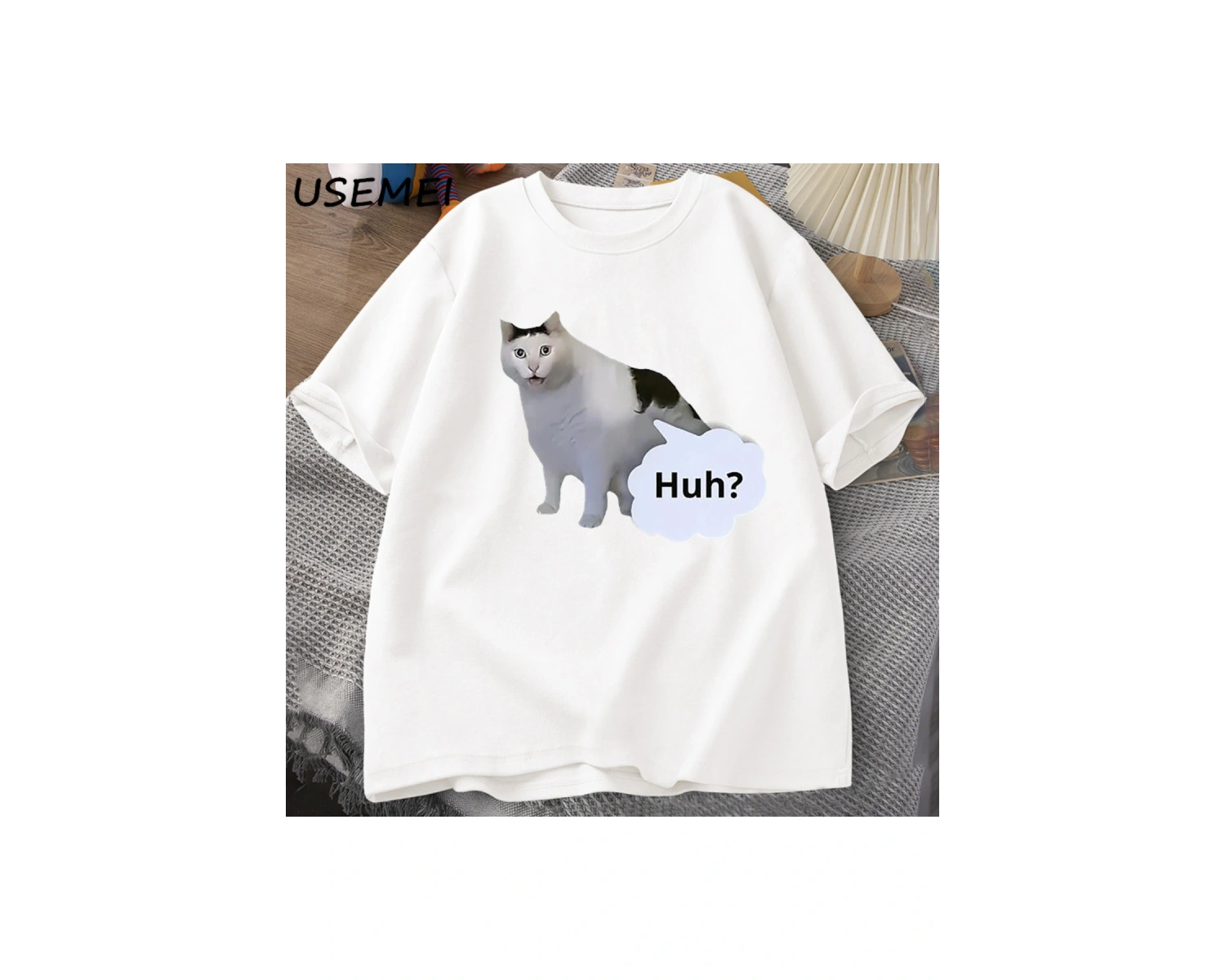 Huh Kedi Komik Meme T Shirt Erkek Kadın Absurd Weirdcore T-Shirt Rahat Yuvarlak Boyun Pamuk K 3031