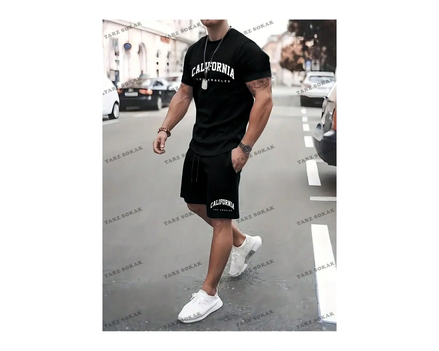 Hypemode Beyaz Örme Erkek Yazılı Baskılı Kısa Kollu Tişört Ve Şort Takım