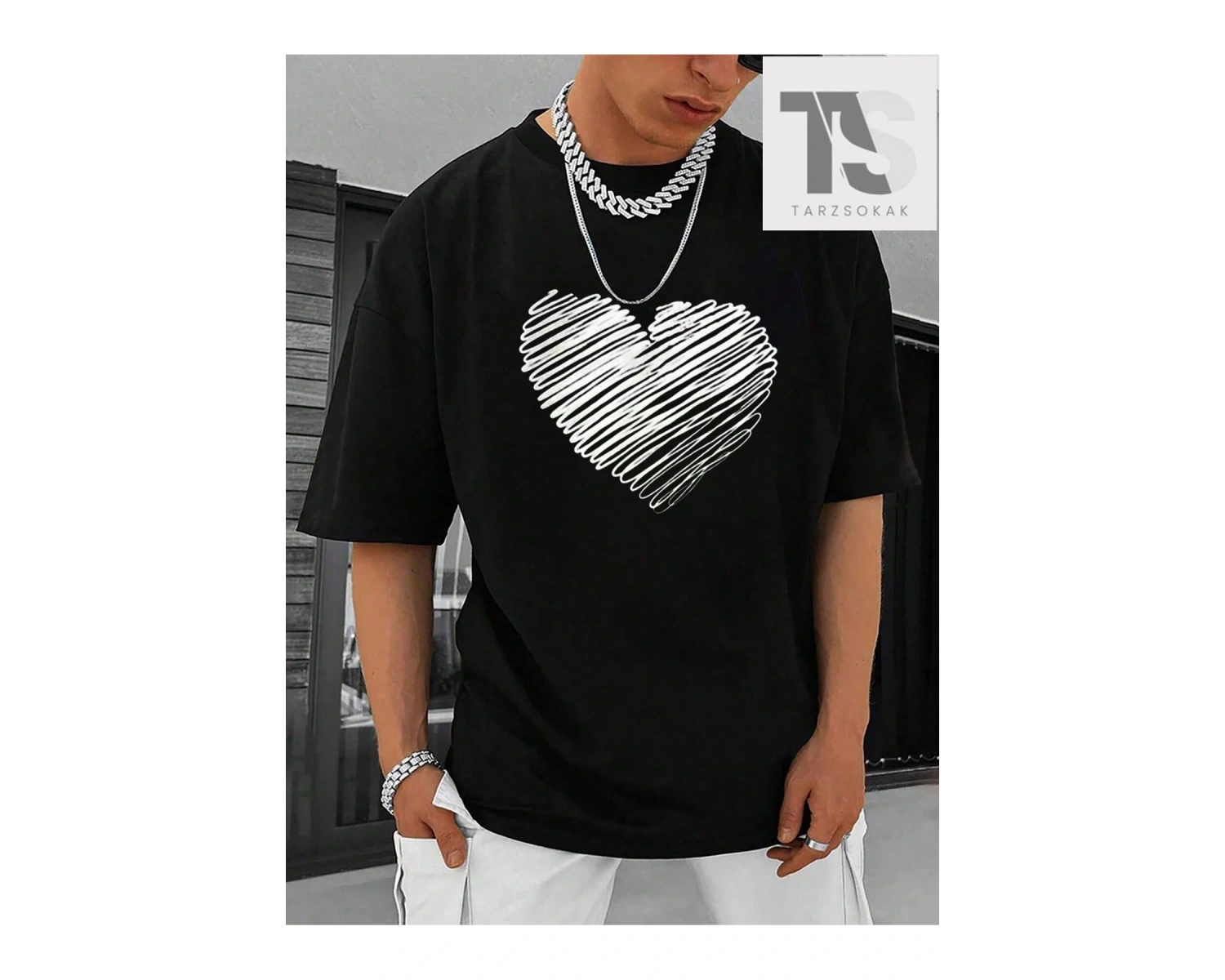 Hypemode Düşük Omuzlu Siyah Triko Yuvarlak Yaka Oversize Erkek Tişört