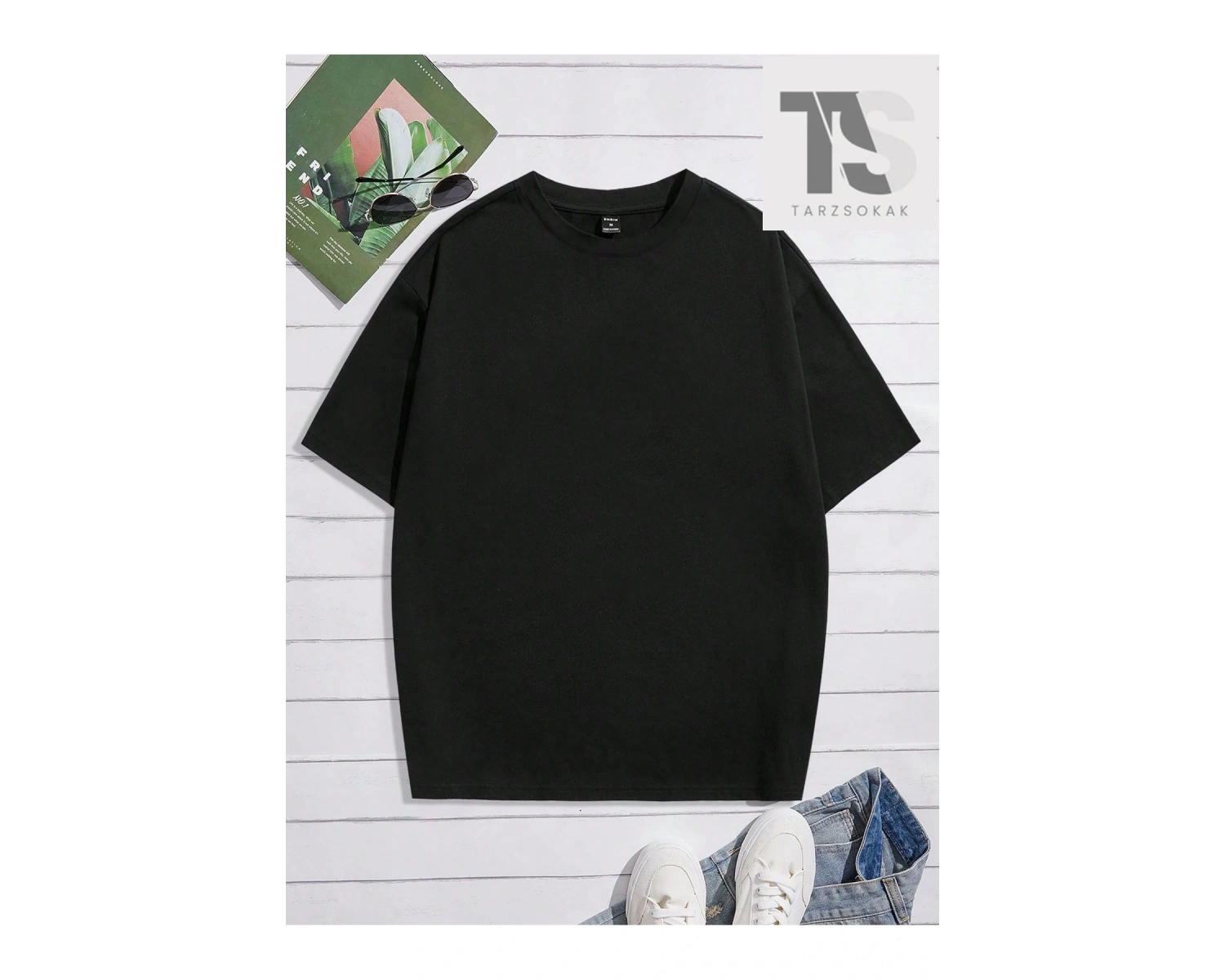 Hypemode Düşük Omuzlu Siyah Triko Yuvarlak Yaka Oversize Erkek Tişört