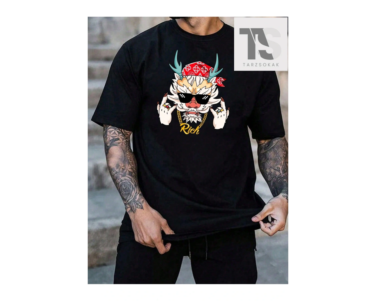 Hypemode Erkek Karikatür Baskılı Kısa Kollu Yuvarlak Yaka Tişört