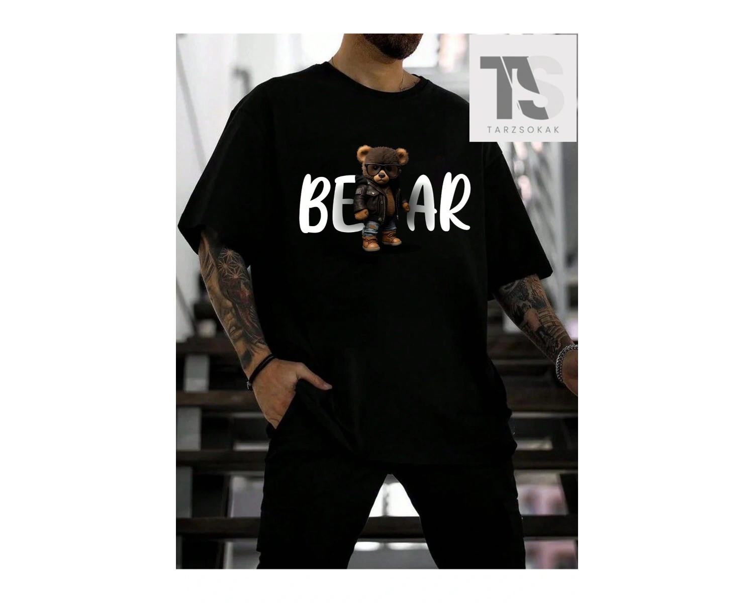 Hypemode Erkek Karikatür Yüz Yuvarlak Yaka Damla Omuz Kol Tişört