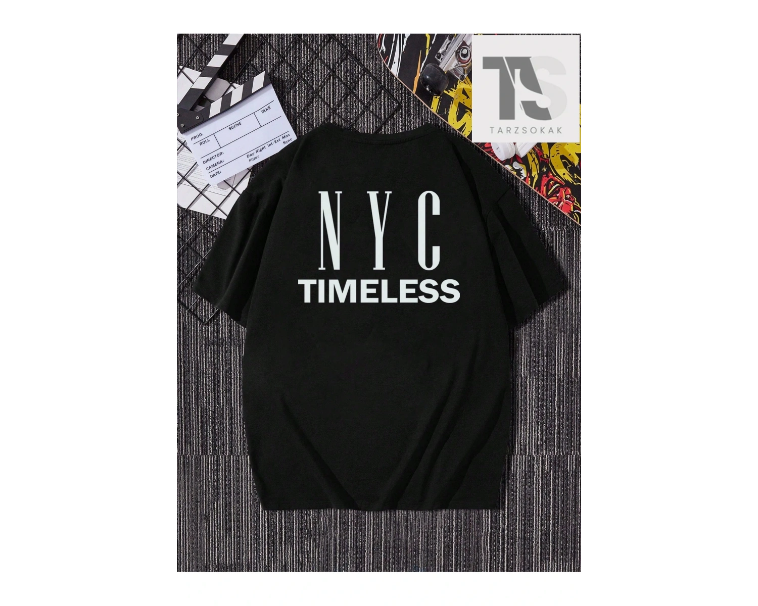 Hypemode Erkek Siyah Örme Düşük Omuz Yuvarlak Yaka Tişört