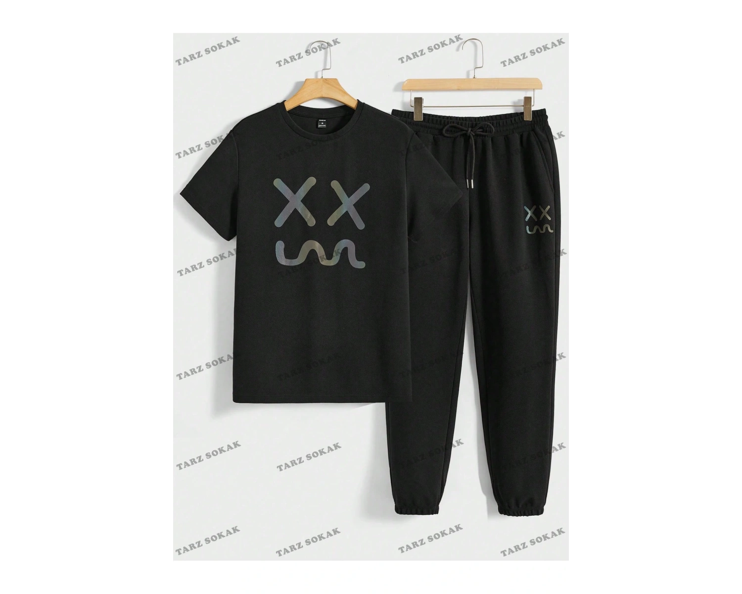 Hypemode Örme Günlük Baskılı Kısa Kollu Üst ve Uzun Pantolon Takım