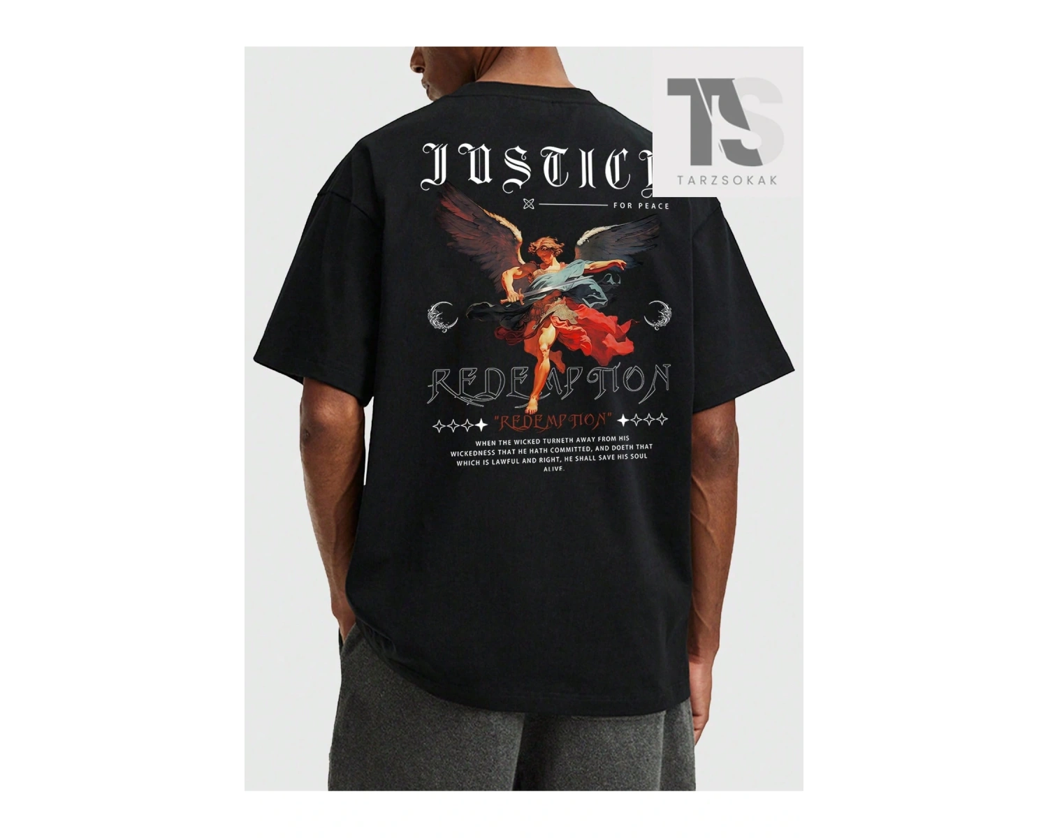 Hypemode Yuvarlak Yaka, Melek Baskılı ve Sloganlı Siyah Kısa Kollu Triko Erkek Tişö