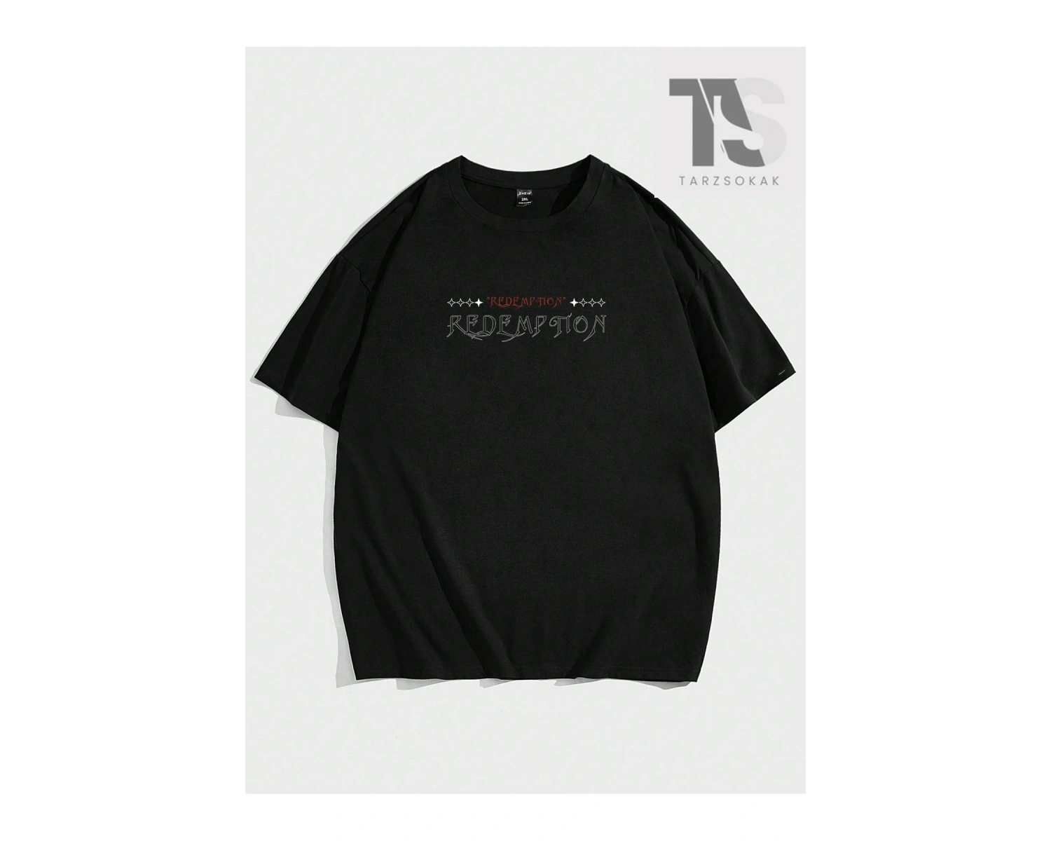 Hypemode Yuvarlak Yaka, Melek Baskılı ve Sloganlı Siyah Kısa Kollu Triko Erkek Tişö