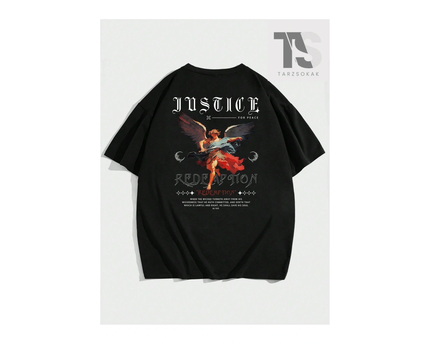 Hypemode Yuvarlak Yaka, Melek Baskılı ve Sloganlı Siyah Kısa Kollu Triko Erkek Tişö