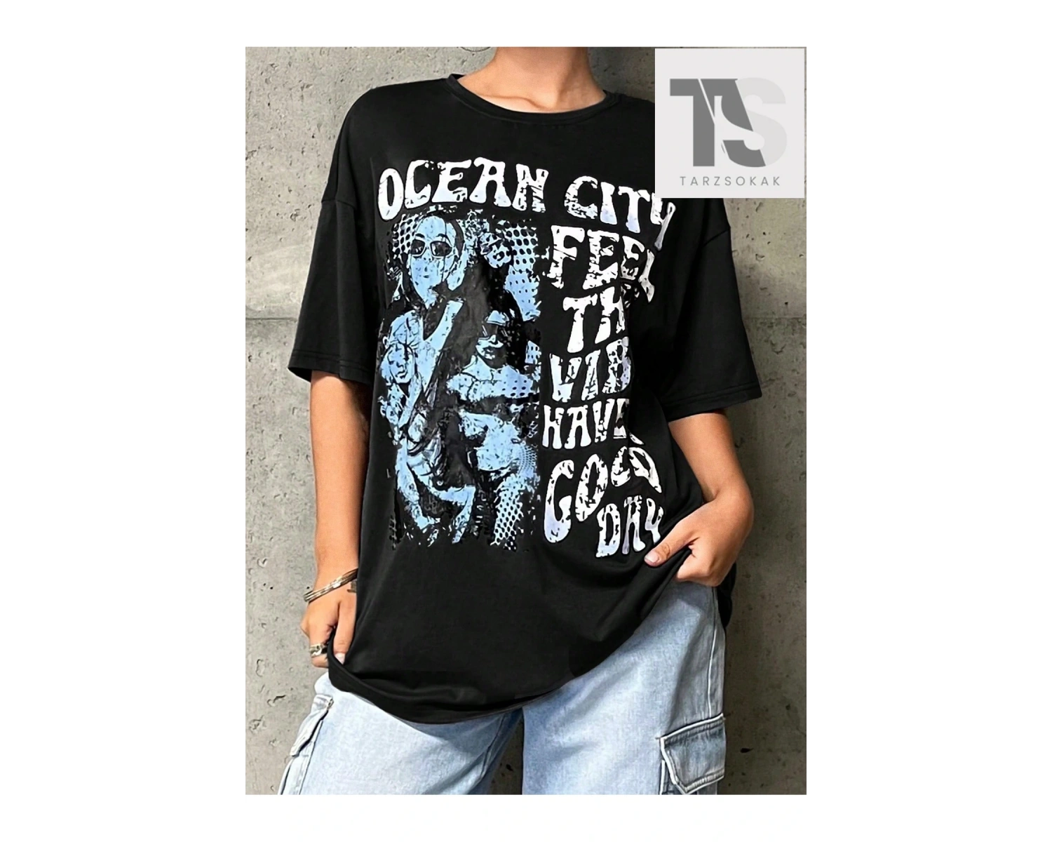 ICON Sloganlı Grafik Düşük Omuzlu Tişört