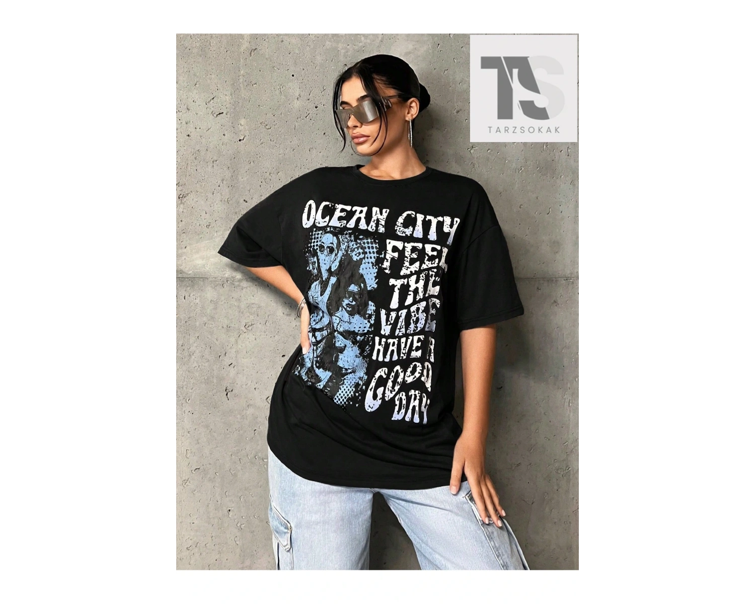 ICON Sloganlı Grafik Düşük Omuzlu Tişört