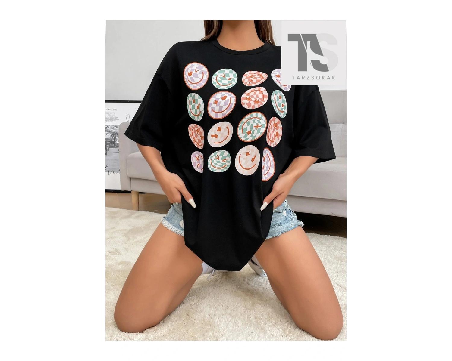 İfade Baskılı Düşük Omuzlu Tişört