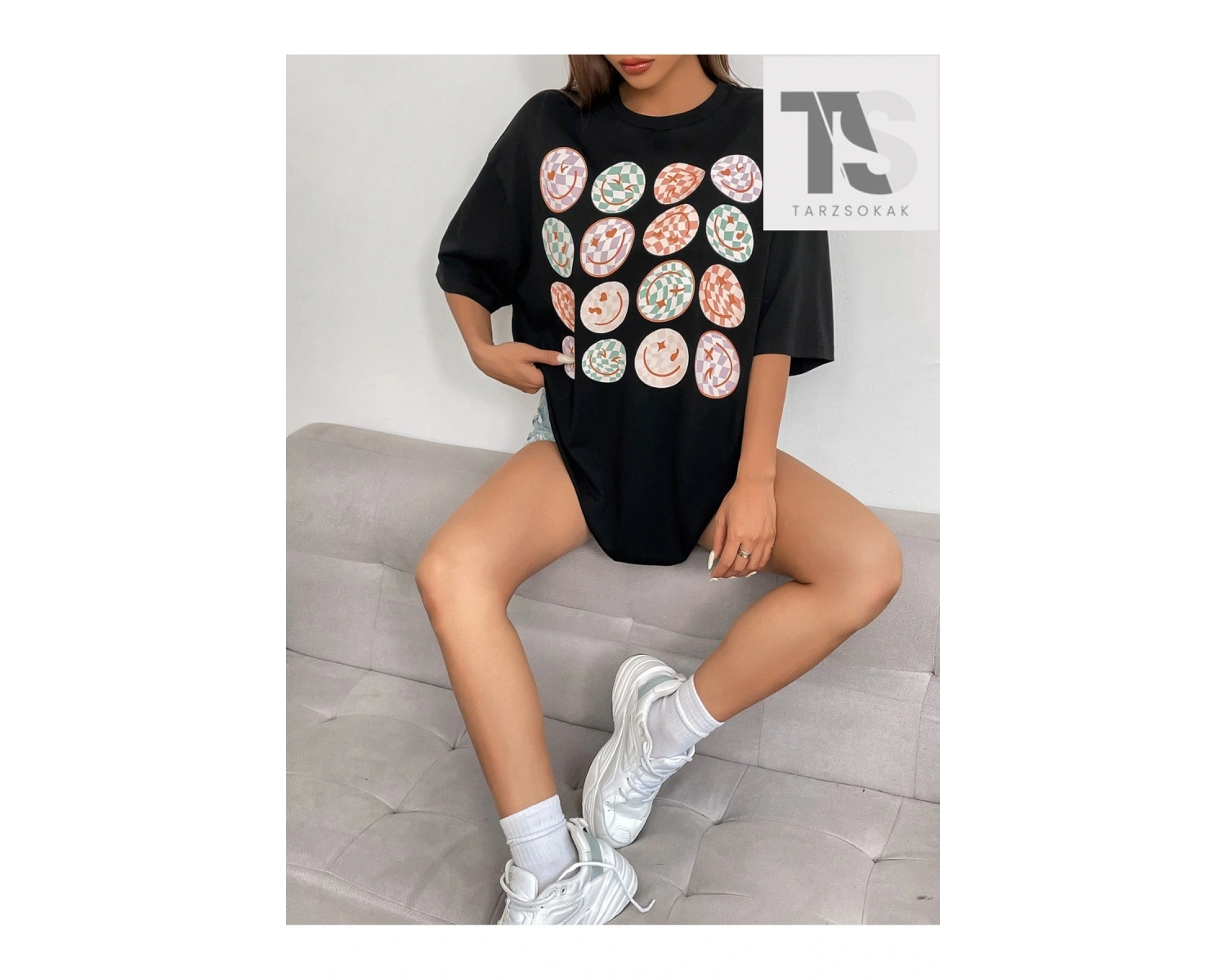 İfade Baskılı Düşük Omuzlu Tişört