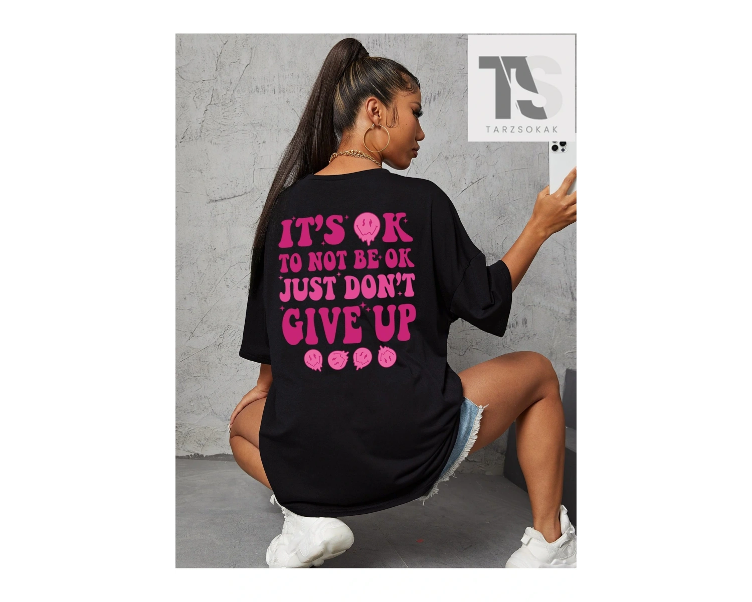 İfade & Slogan Grafikli Düşük Omuzlu Tişört