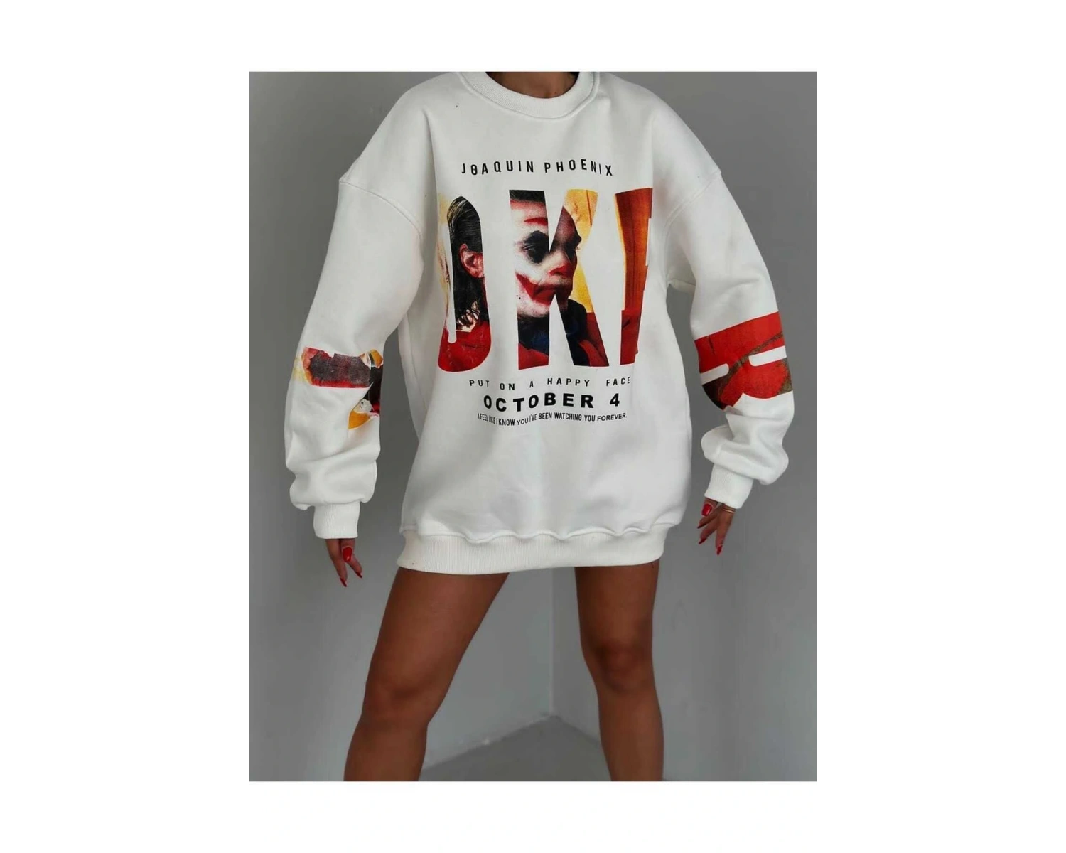 Joker Renkli Oversize Bisiklet Yaka Pamuklu Sweatshirt Beyaz