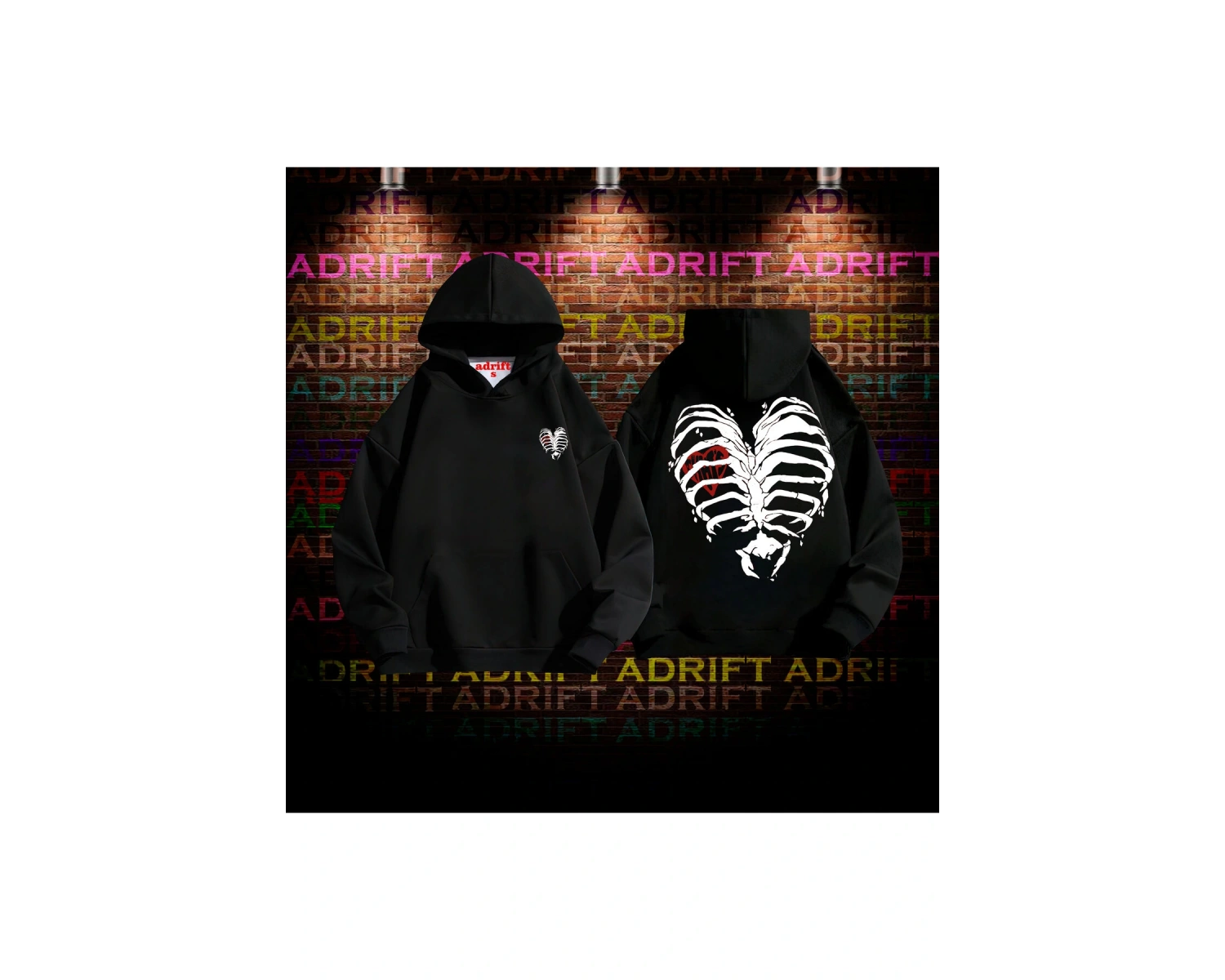 Kaburga Kalp Tasarım Baskılı Kapüşonlu Sweatshirt Hoodie Siyah