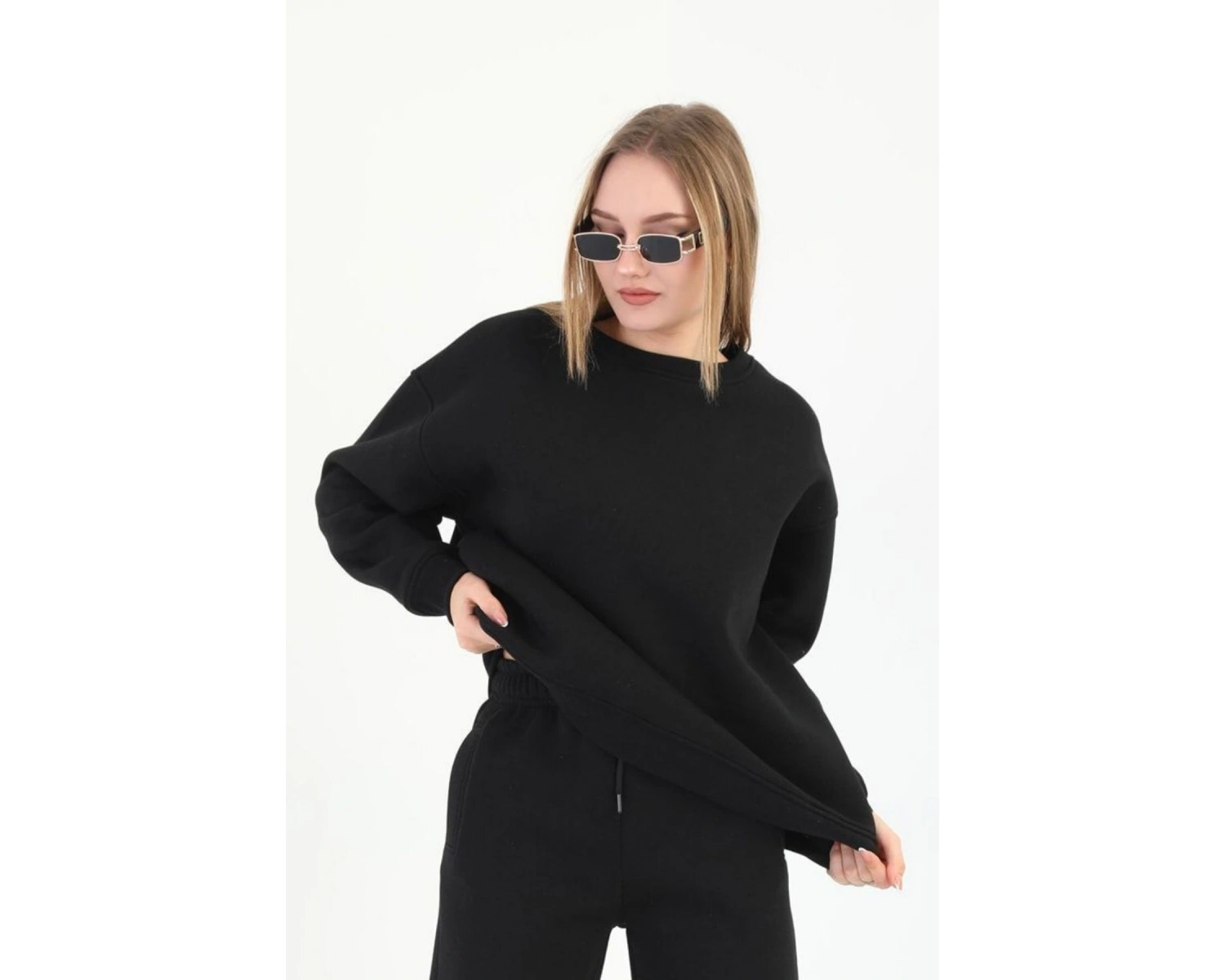 Kadın 3 İplik Bisiklet Yaka Uzun Kollu Beyaz