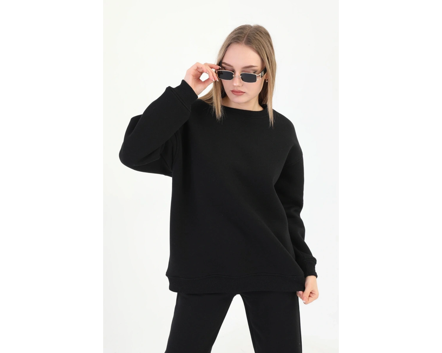 Kadın 3 İplik Bisiklet Yaka Uzun Kollu Beyaz