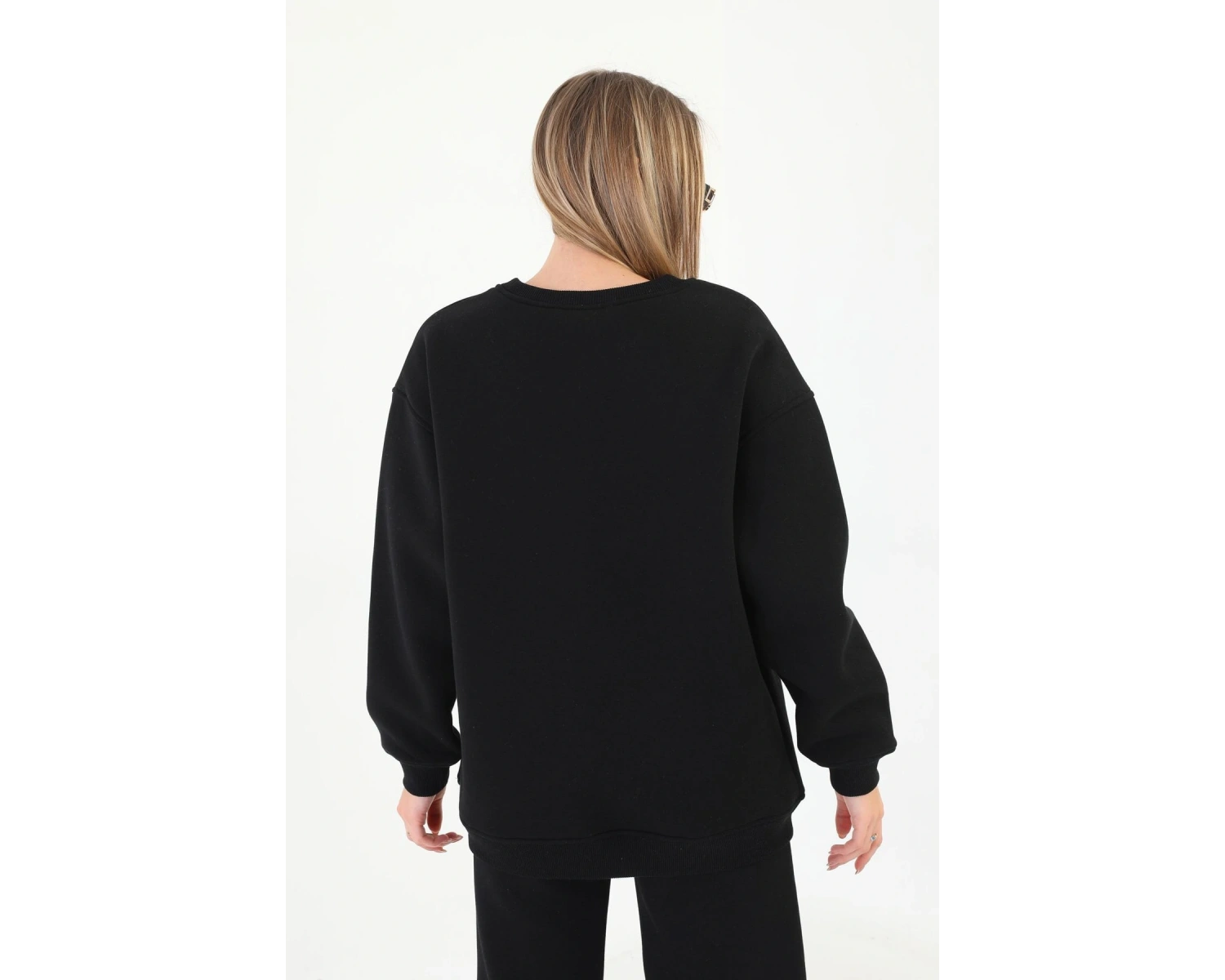 Kadın 3 İplik Bisiklet Yaka Uzun Kollu Beyaz