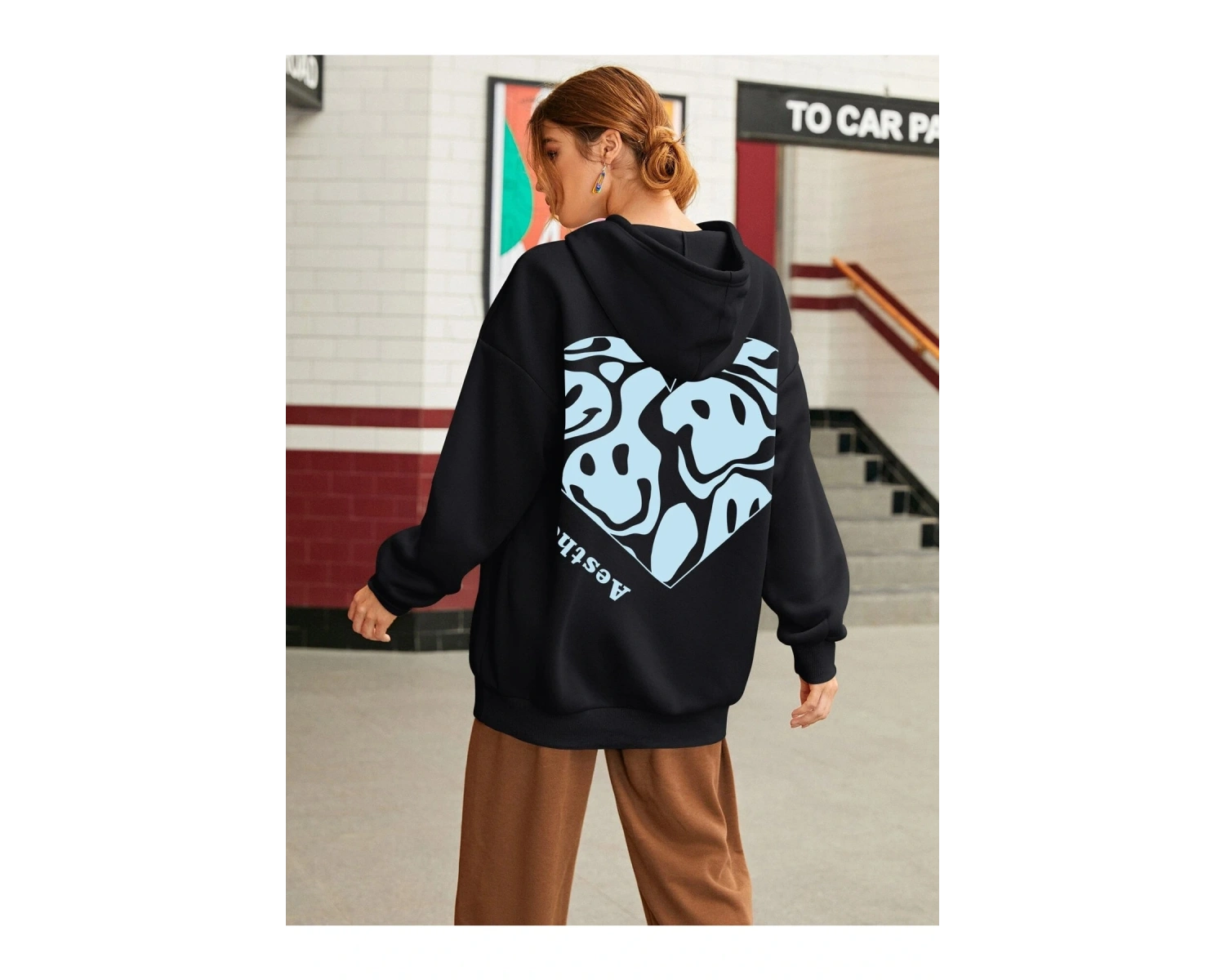 Kadın Aestheticism Baskılı Kapüşonlu Sweatshirt Siyah