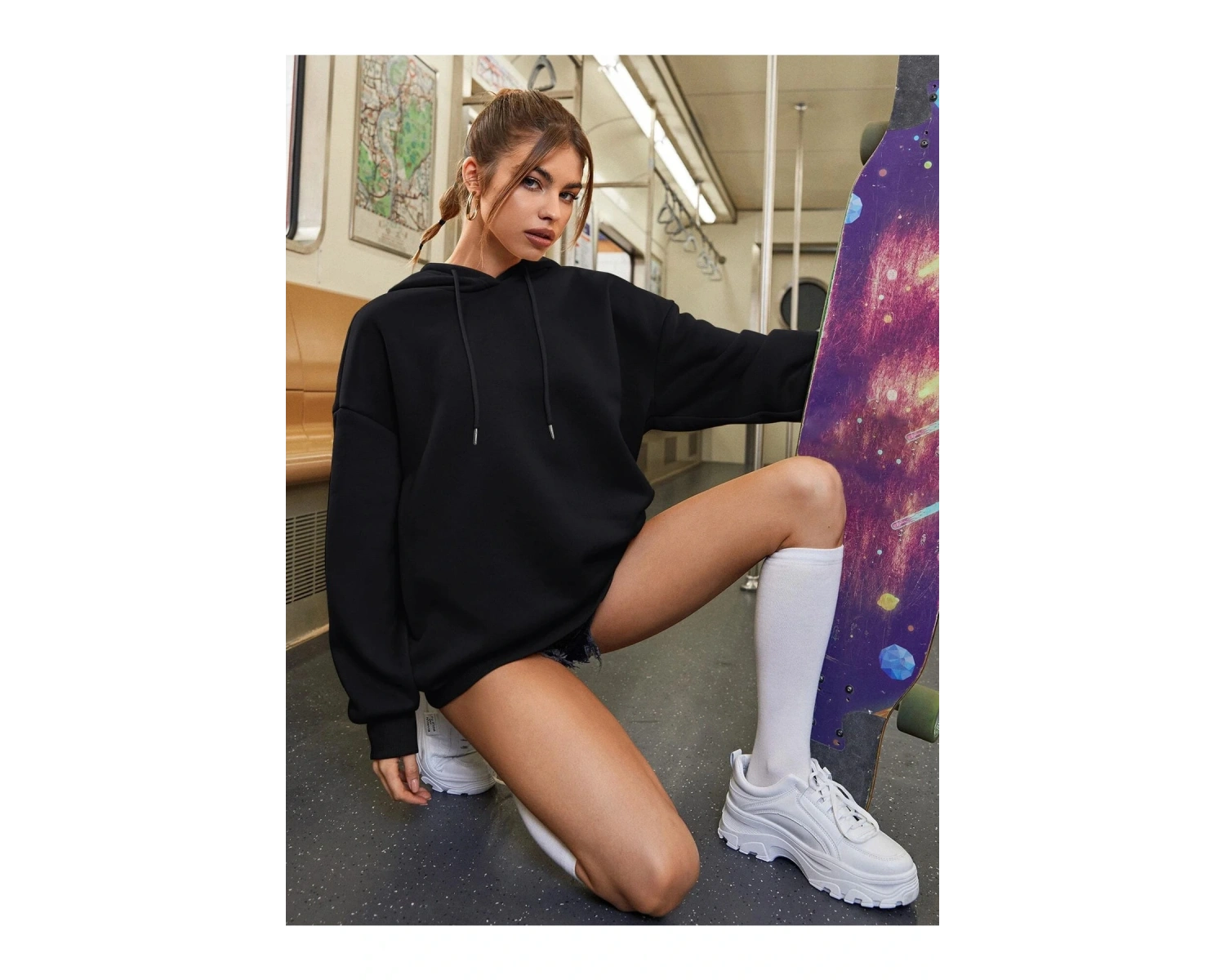 Kadın Aestheticism Baskılı Kapüşonlu Sweatshirt Siyah