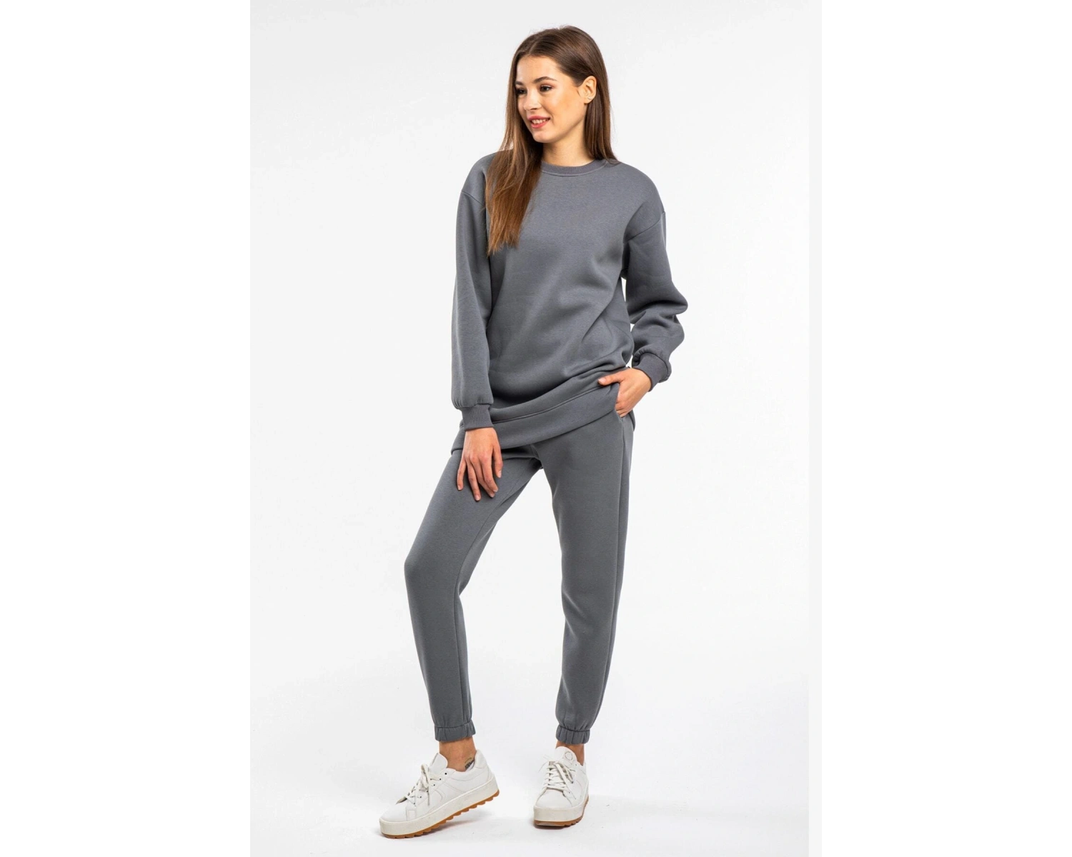 Kadın Antrasit Bisiklet Yaka 2 Iplik Polarlı Eşofman Takımı Cy84203